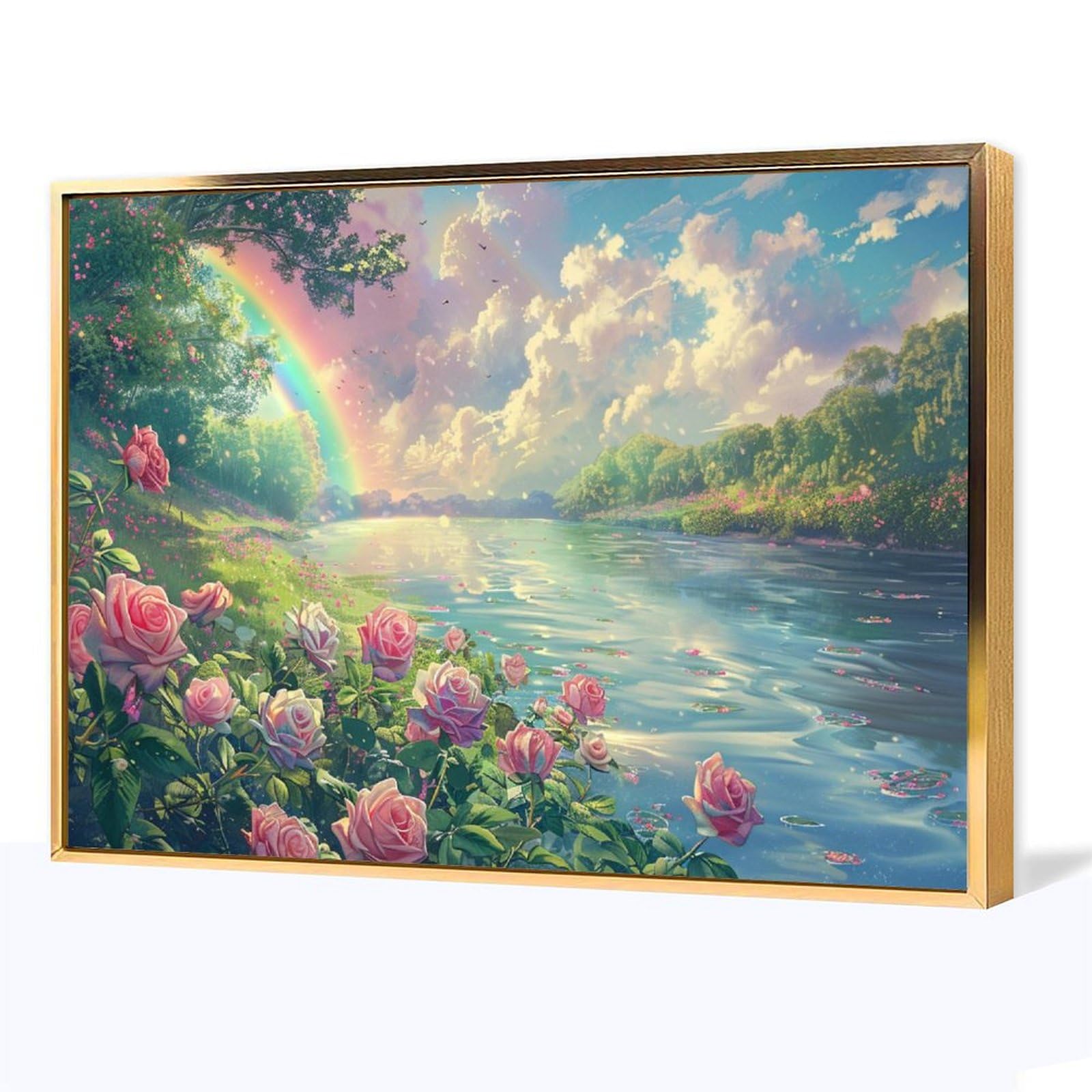 Amazon.co.jp: 絵画 川岸の美しいバラの茂みと明るい虹の風景 アート