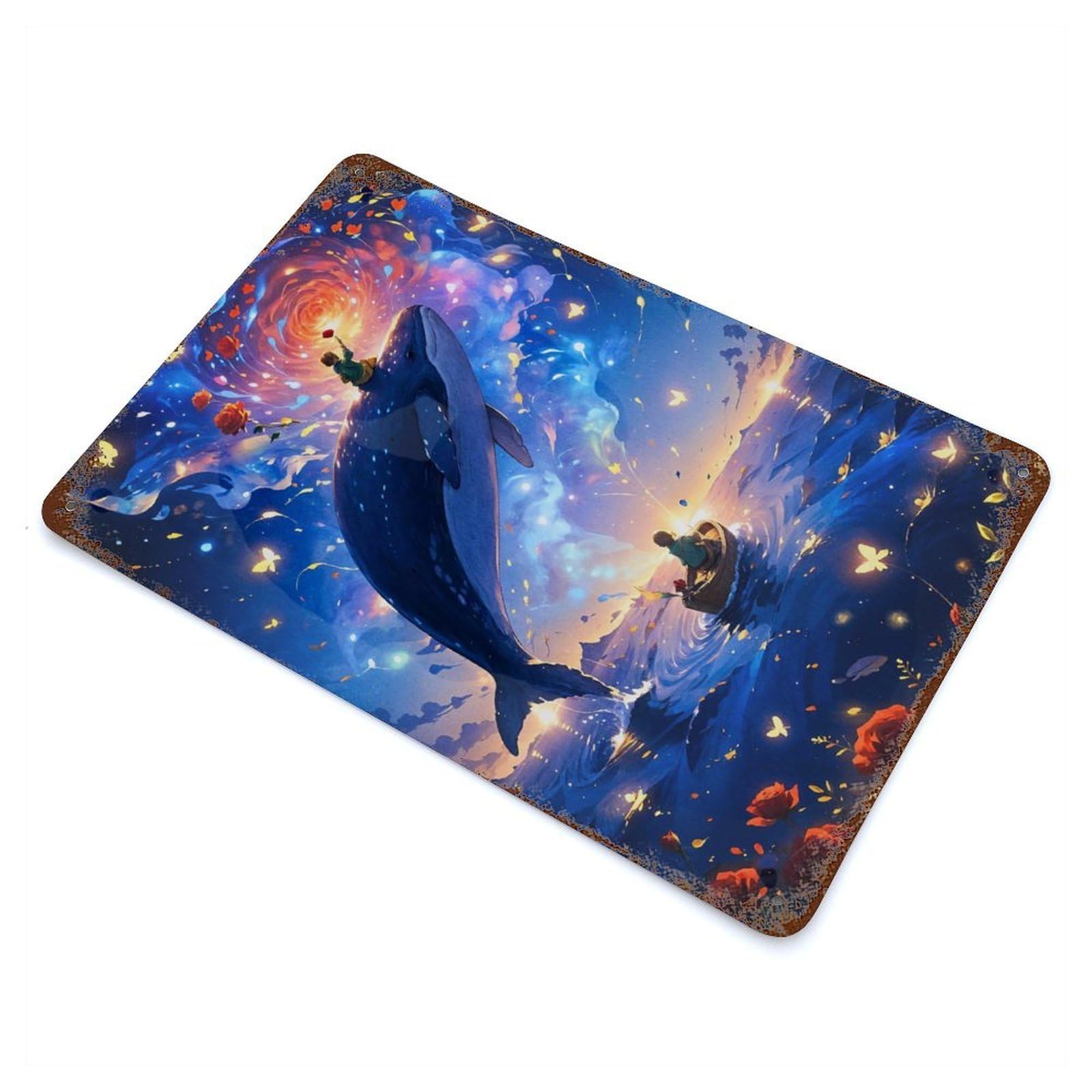Whale Boy in Dreamy Sky Rusty Metal Tin Sign 11.8"x7.9", Rustic Home Decor for Living Room, Hallway And Home Decor