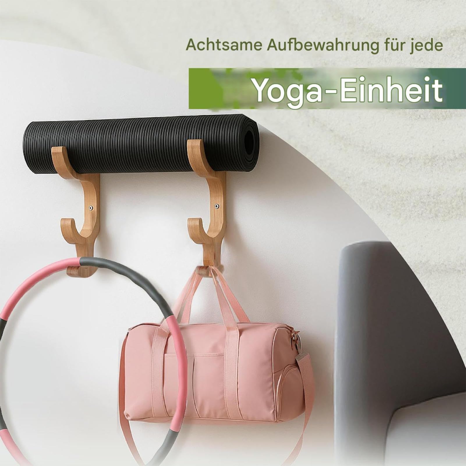 Yoga Matte Wandhalter, Yogamatten Aufbewahrungsregal, Aus Holz Multifunktional Mit 4 Haken, Yogamattenhalter Gestell Für Die Wand, Für Widerstandsband, Springseile, Fitnessstudio
