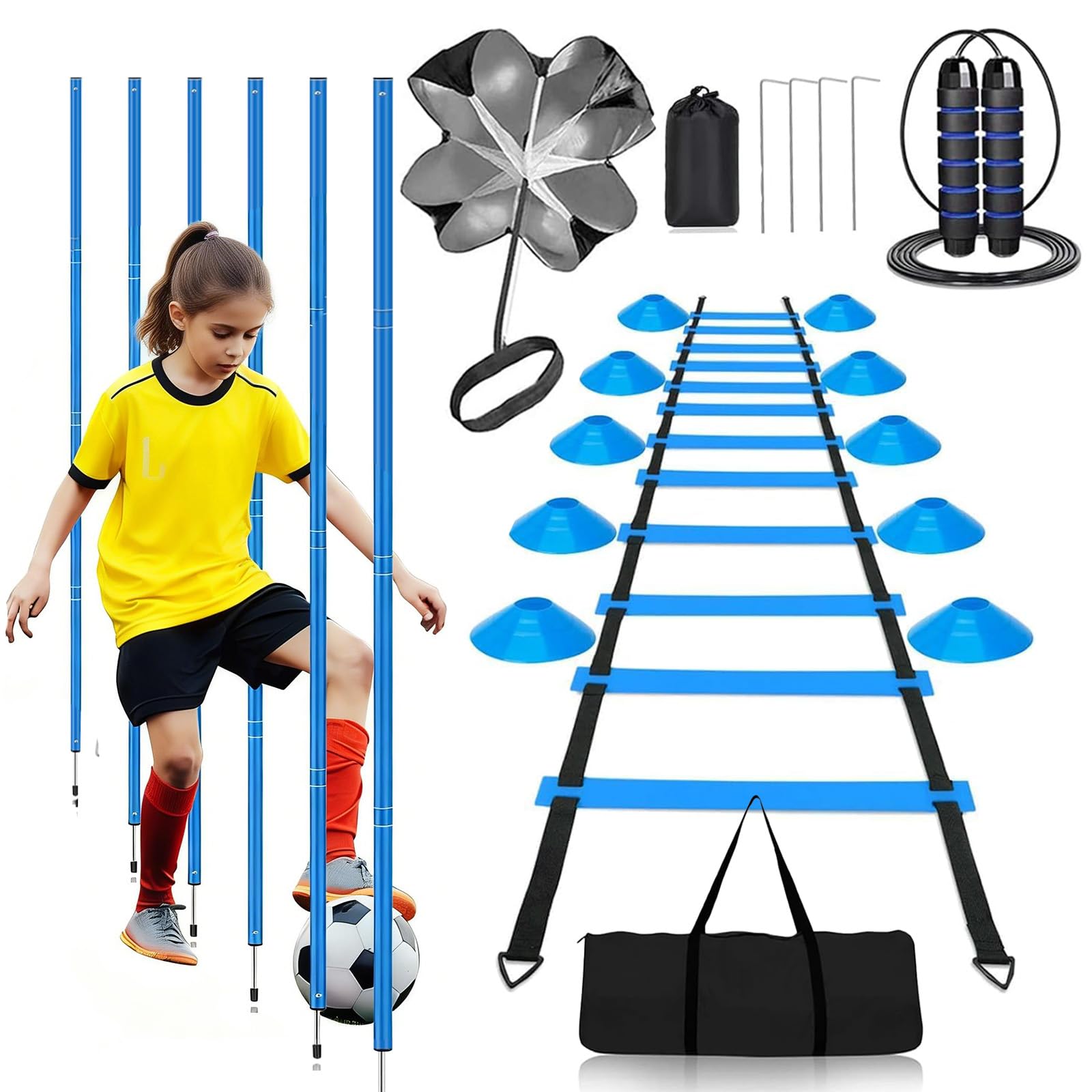 Fußball Trainingsset, Slalomstangen Fussball Trainingszubehör mit 6 Slalom Poles, Koordinationsleiter 6m, 12 Hütchen, Springseil und Resistance Fallschirm, Fussball Trainingszubehör Set