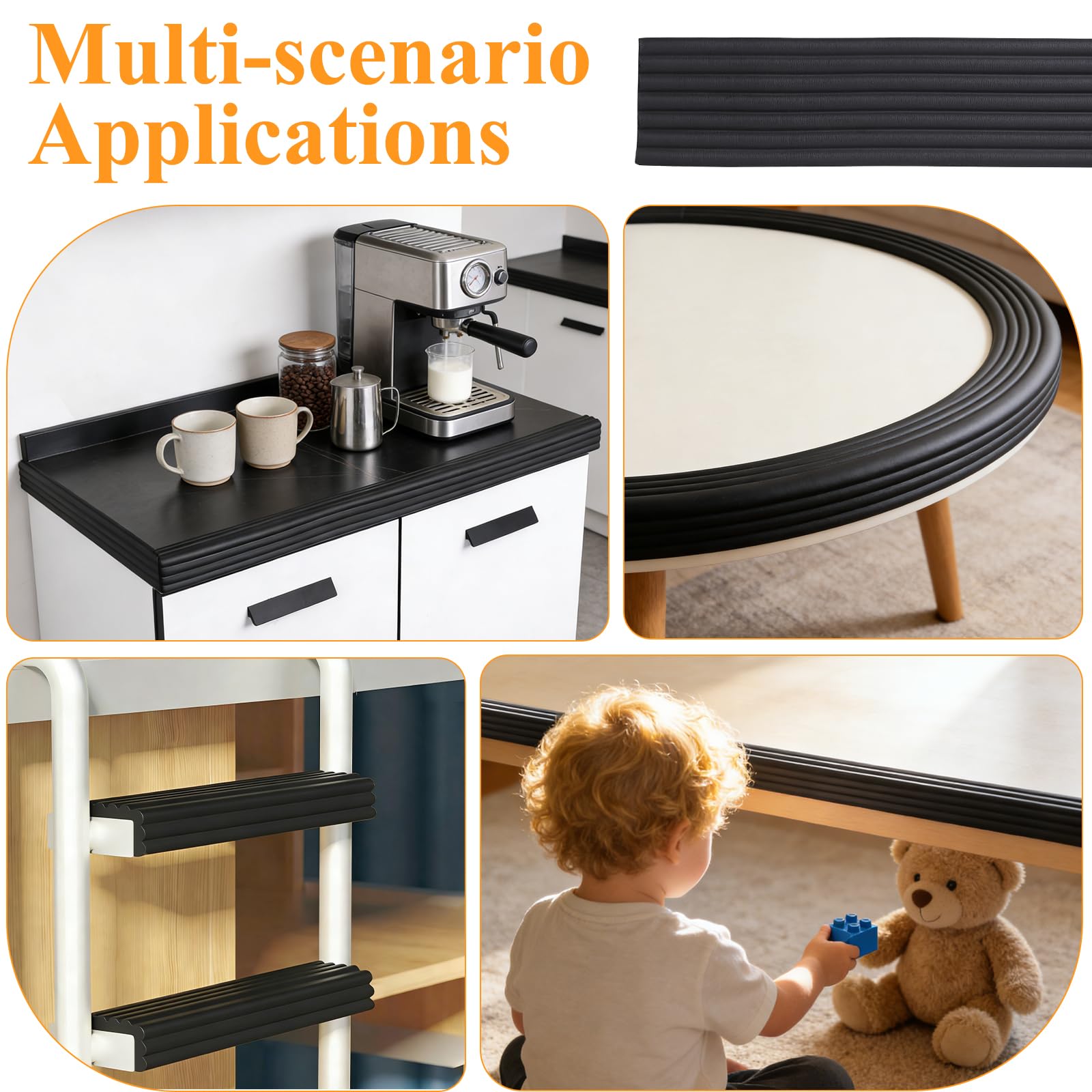 EFUTURETIME Bord en Mousse de Table Meuble Protection 6M, 8 cm de Large et 0,8 cm de Haut, Protections Souples de Bord Autocollantes (Noir)