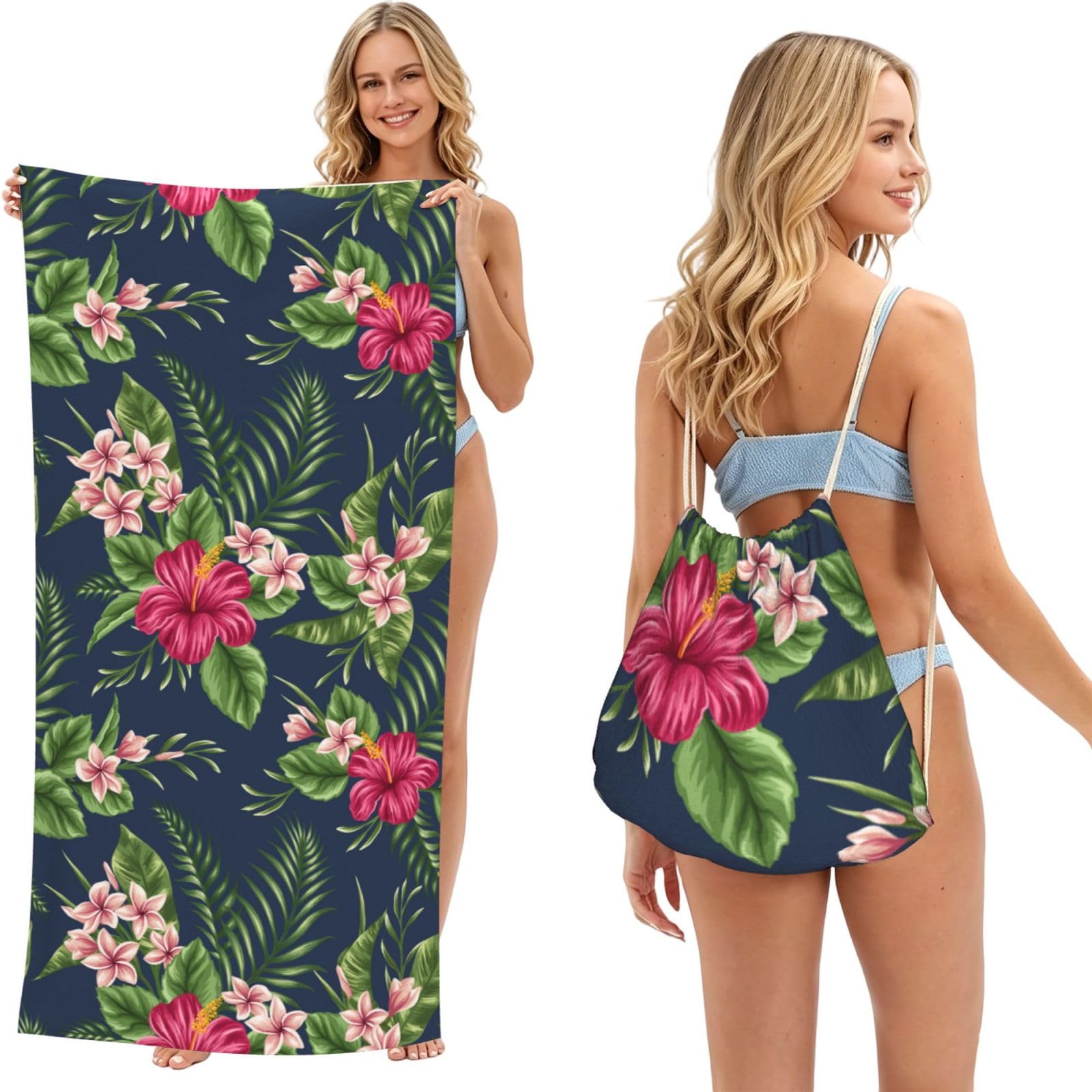 Poadnly As Picture Tropical Flowers Frangipani Hibiscus Nature, 2 In 1 Packable Towel Bag, Beach Towels With Drawstring Backpack For Travel Holiday Camping
