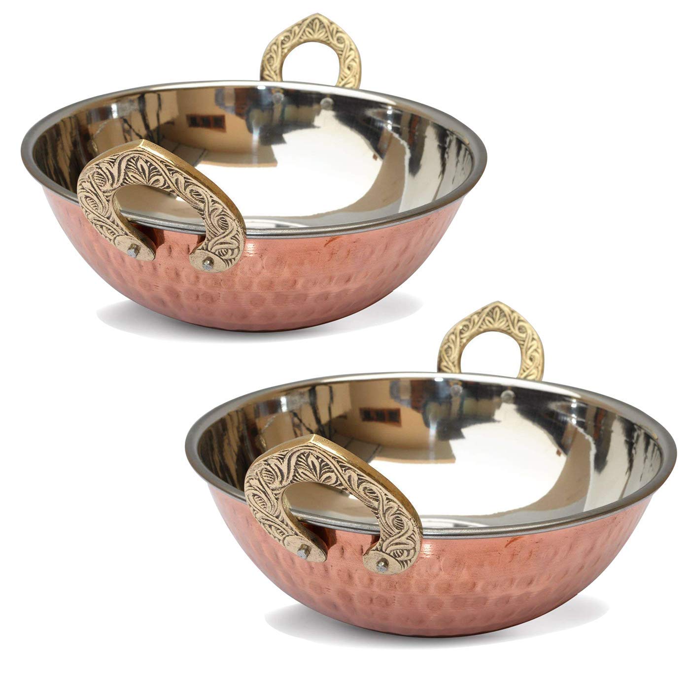 1 Stück indische Kupfer-Serveware Karahi Gemüse Dinner schale mit massivem Messinggriff für indische Speisen, Servierschalen für Müsli, Suppe, gekochte Speisen, Stahlhandi (13, 15, 18, 20)