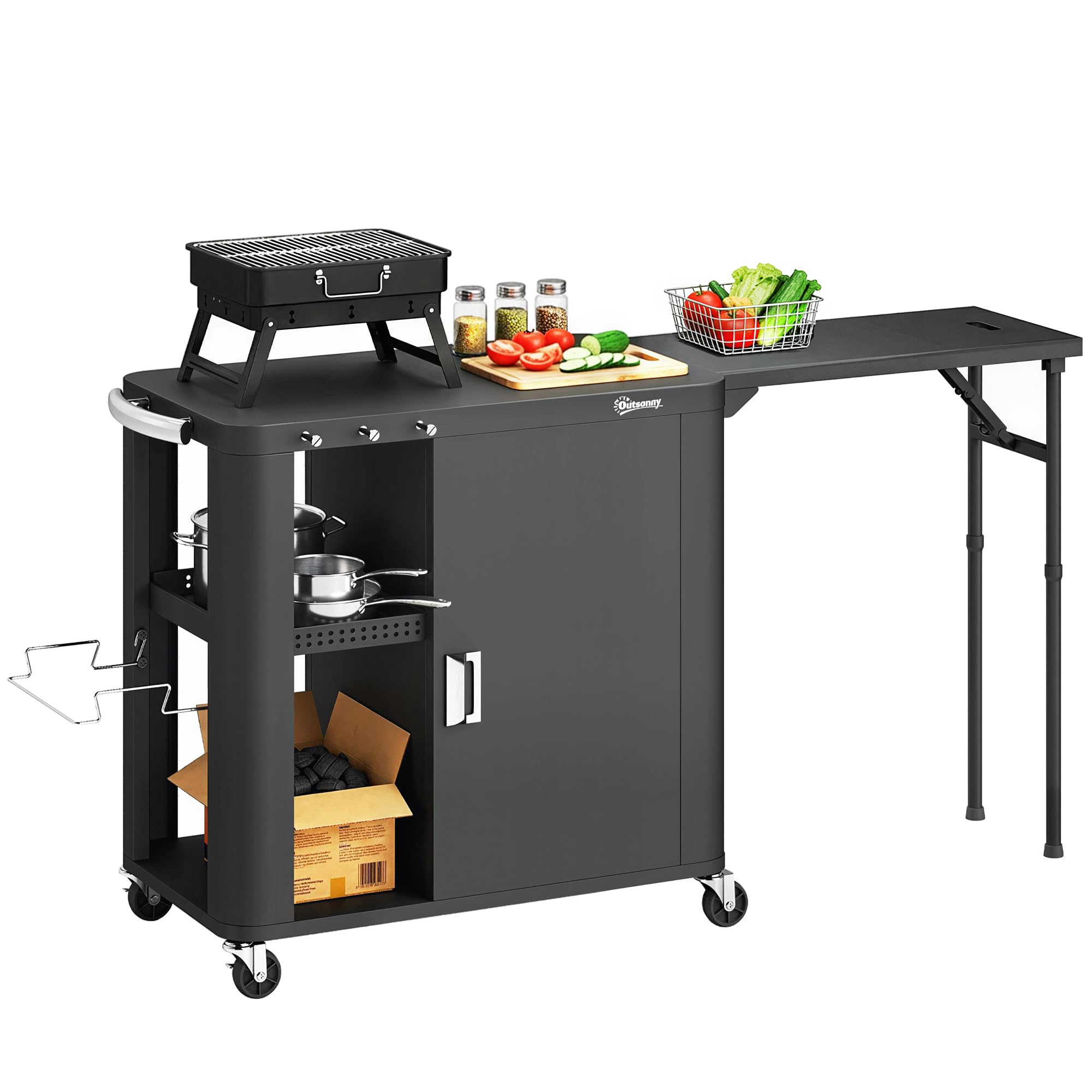 Outsunny Desserte jardin chariot de barbecue sur roulettes îlot de cuisine avec table latérale pliable placard étagères ouvertes porte-papier support sacs poubelle trois crochets 166 x 54 x 88 cm noir