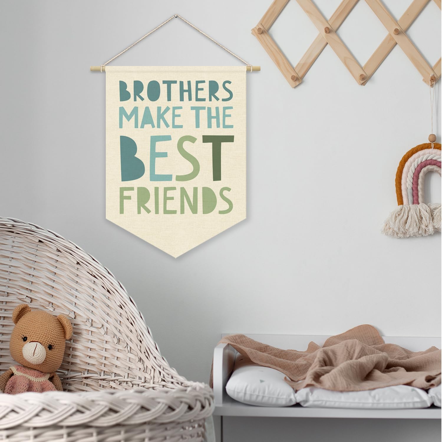 Boy Nursery Decor Canvas Banner,Brothers Make The Best Friends Bedroom Playroom Wall Art Decorations,Boho Twin Room Sign,Big Bro Lil Bro, Sage Green Blue Kids Room Wall Hanging Pennant Banner image 5