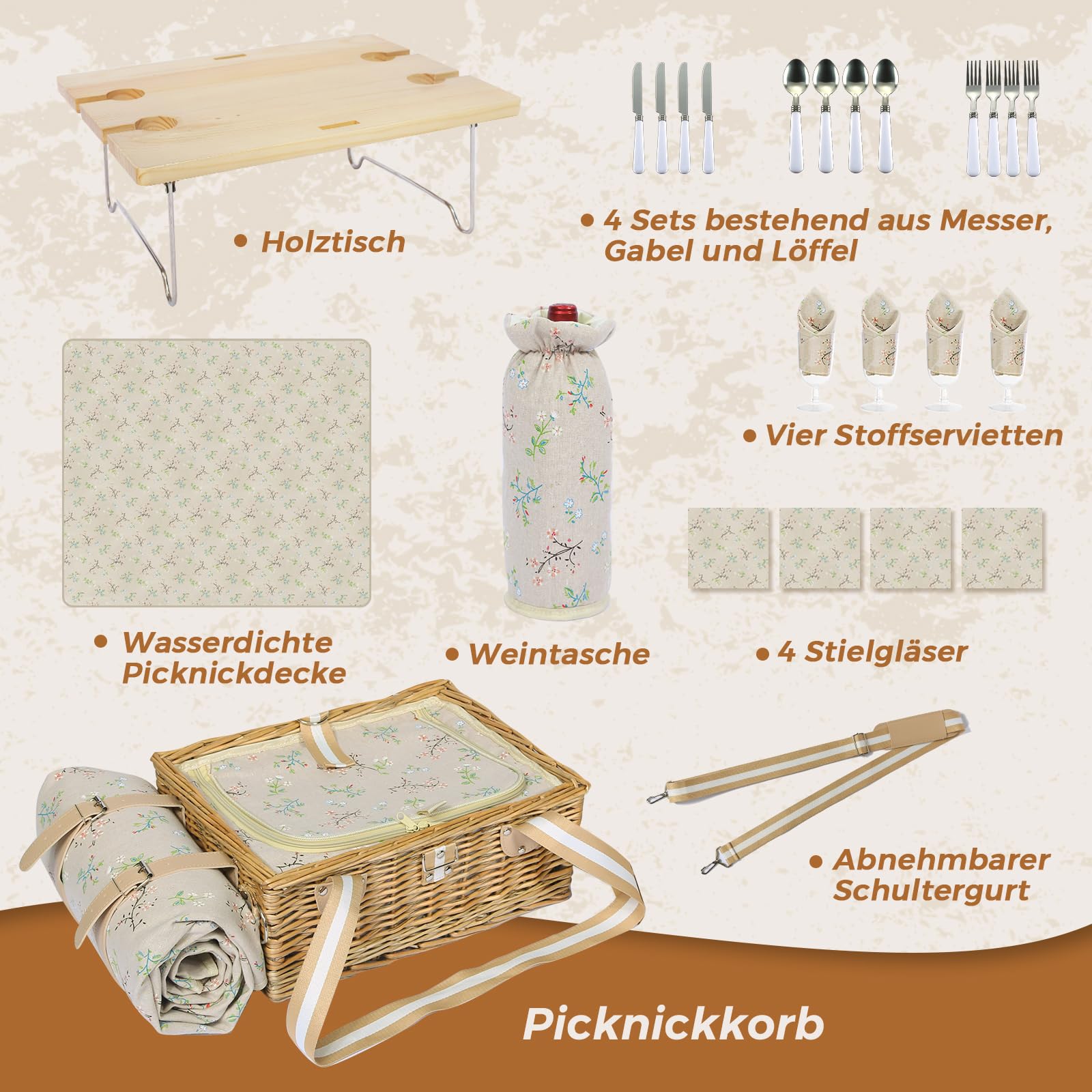 Picknickkorb-Set mit Klapptisch und Besteck-Set, Picknickkorb für 4 Personen mit kühltaschen, Flechtkorb mit Henkel, Weidenkorb Geschenkset für Picknick Camping Outdoor Party