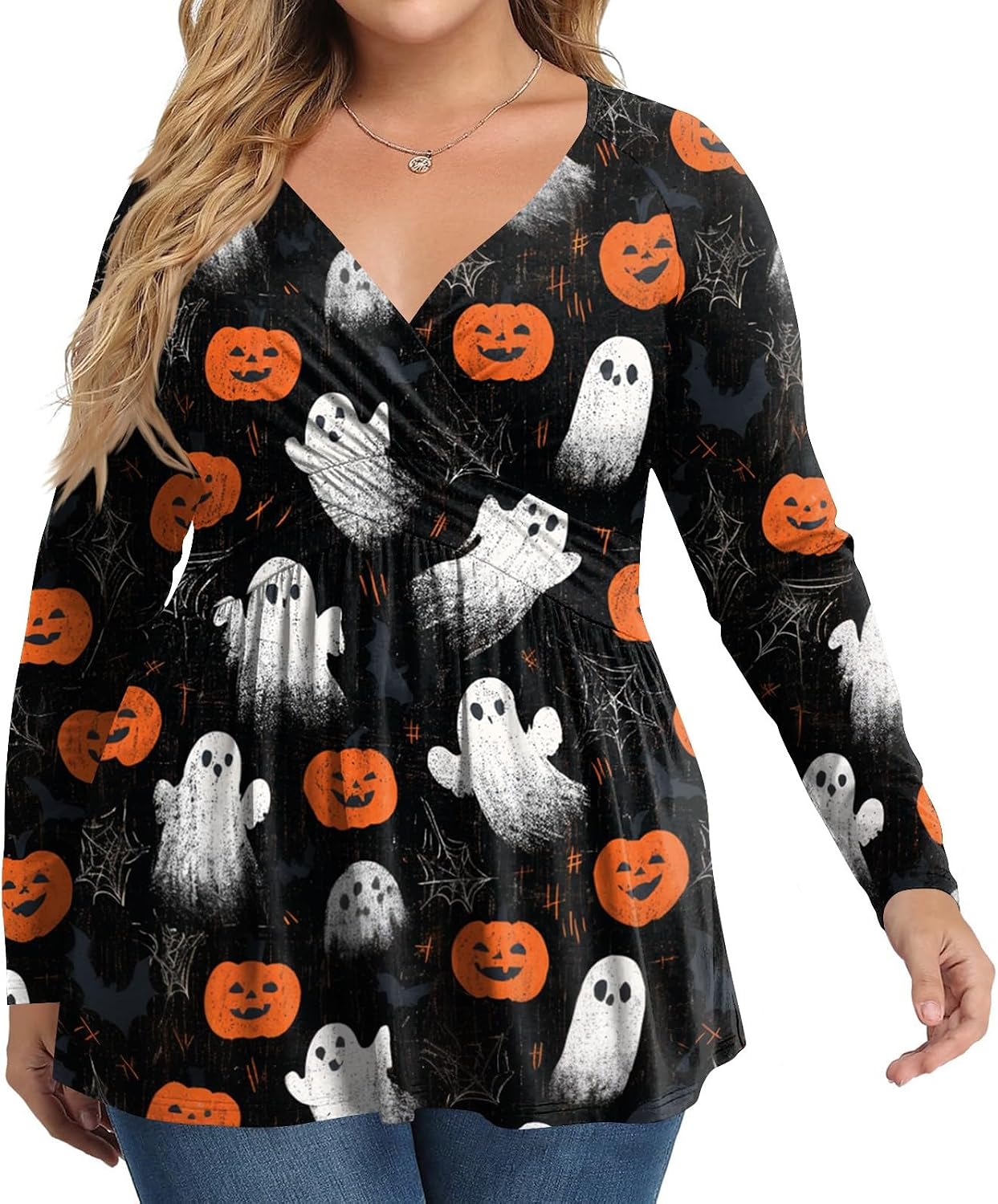 Women's Plus Size V Neck Long Sleeve Halloween Fall Tops | Athletic Tops for Women, Womens Graphic Shirts, Graphic Tees for Women Vintage, Womens Summer Clothes,