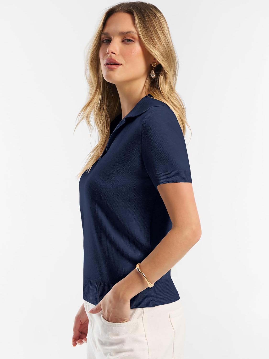 ANRABESS Women Short Sleeve Sweater Wool Blend Polo V Neck Shirts Summer Dressy Top Business Casual Spring Vacation Clothes