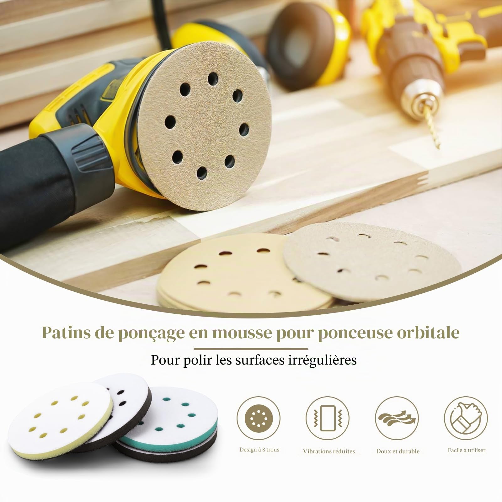 4 Pièces Tampon de Ponçage Souple 125mm Tampon d'Interface Ponceuse, Plateau de Poncage 8 Trous Tampon Interface en Éponge en Mousse Patin de Remplacement pour Ponceuse
