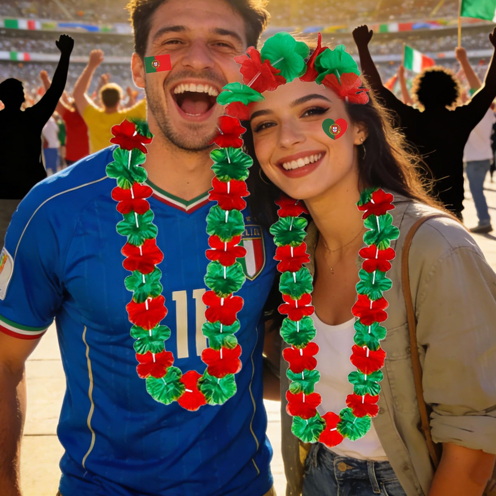 Pack of 20 Italy Fan Item Flower Chain, Hawaiian Fan Set Italia: 4 x Chains, 4 x Headbands, 8 x Bracelets & 4 x Stickers Italy Euro Football Euro Fan Photo Props Flower Chain