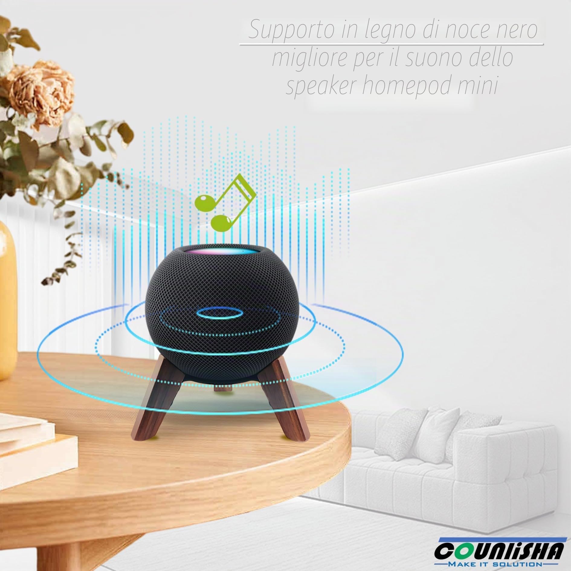 Supporto in vero legno per Homepod Mini (2020 rilasciato), treppiede in legno con telaio in metallo, supporto stabile sicuro con cuscinetto in silicone antiscivolo protegge bene il mini altoparlante