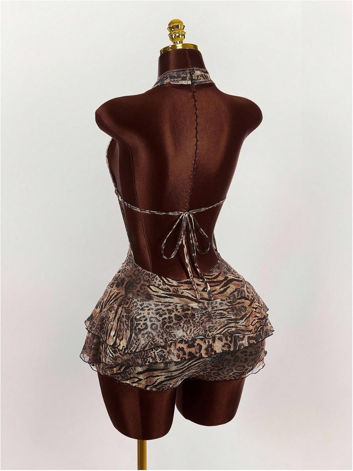 Verdusa Women's Y2K Leopard Print Halter Romper Backless Sleeveless Layered Ruffle One Piece Outfit - Image 2