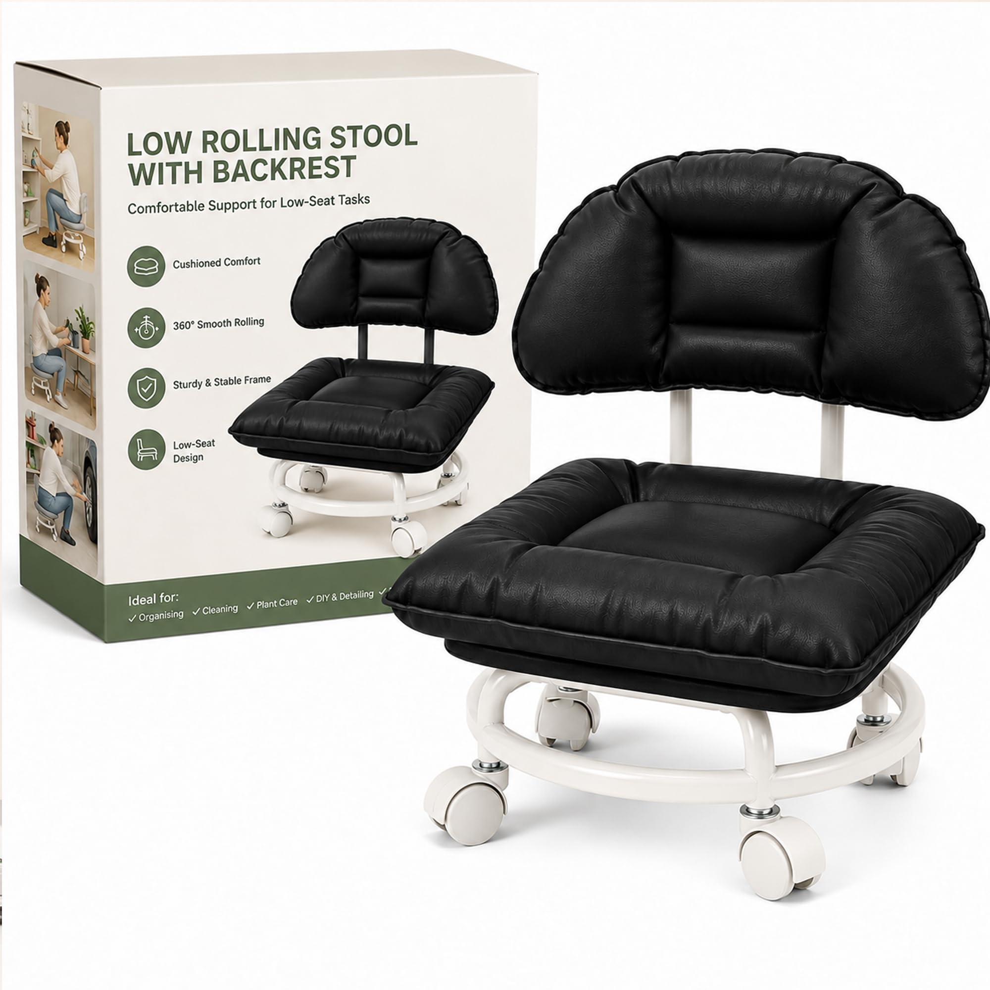 Rolling Low Stool with Backrest, Padded Seat, 360° Swivel Wheels ，Black