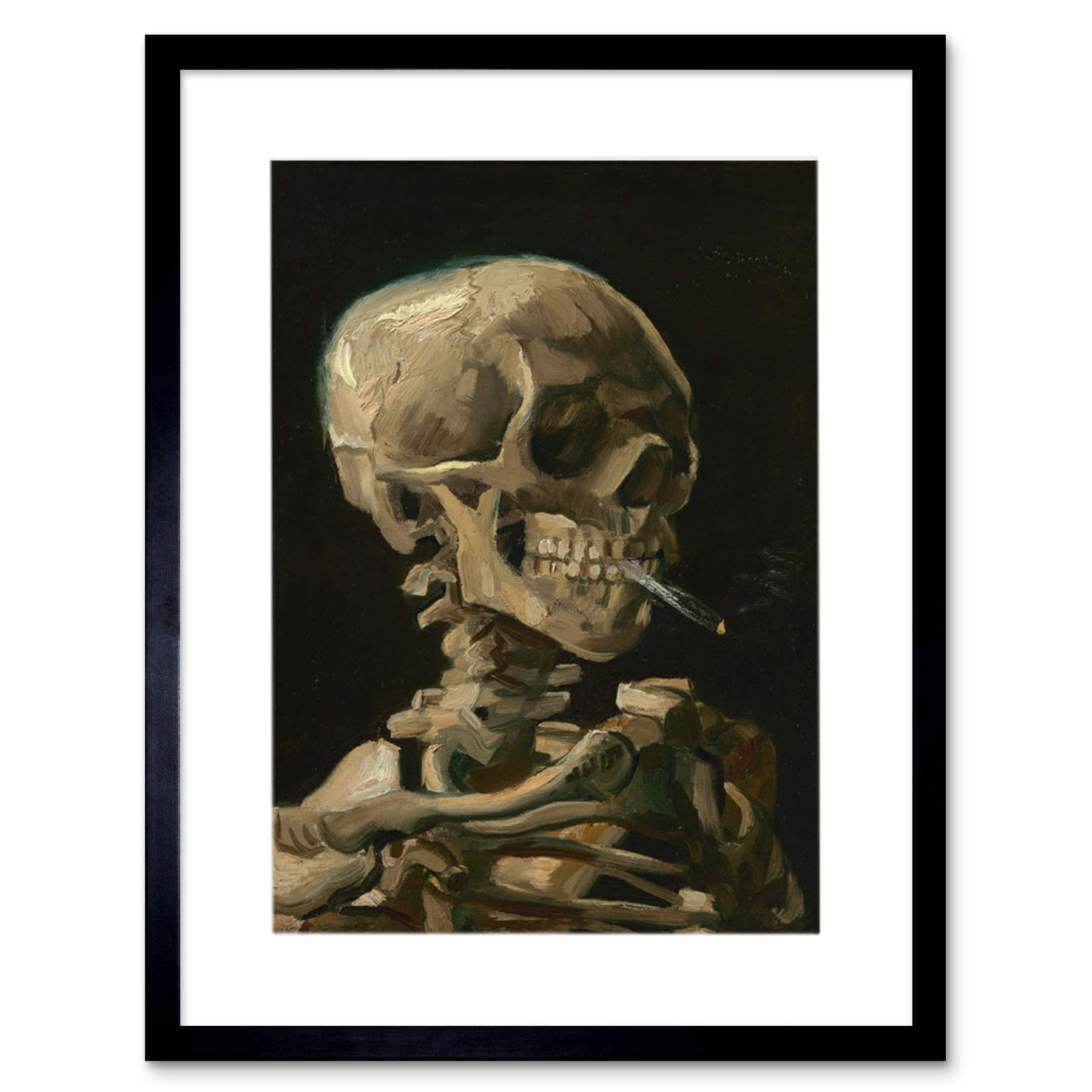 Wee Blue Coo Van Gogh Head Skeleton Burning Cigarette Artwork Framed Wall Art Print 12X16 Inch
