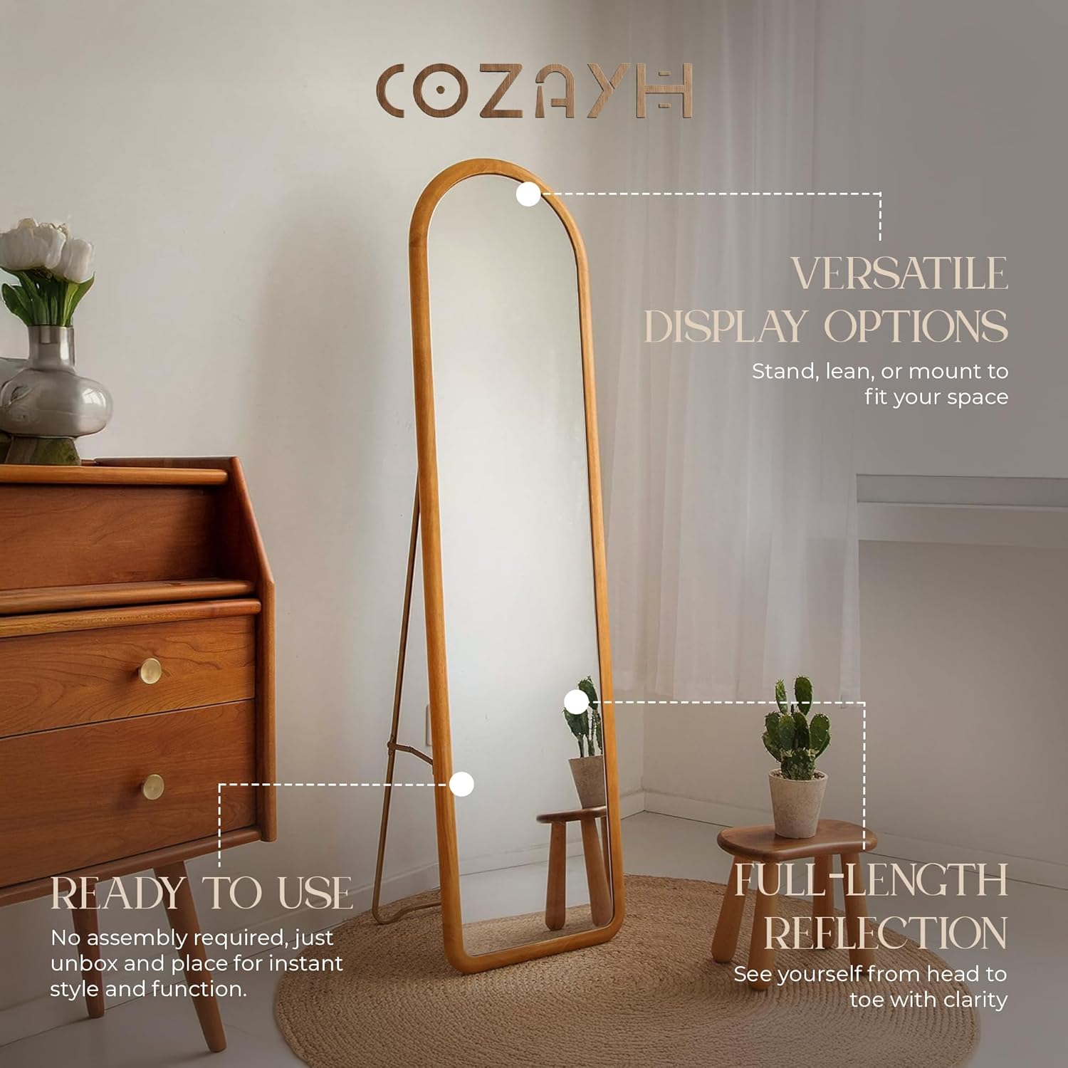 COZAYH Arched Full Length Mirror with Stand, Fully Assembled Dressing Wall Mounted Mirror, Floor Mirror Solid Wood Frame, Large Body for Bedroom, Bathroom, Living Room, Decor 60"×16"
