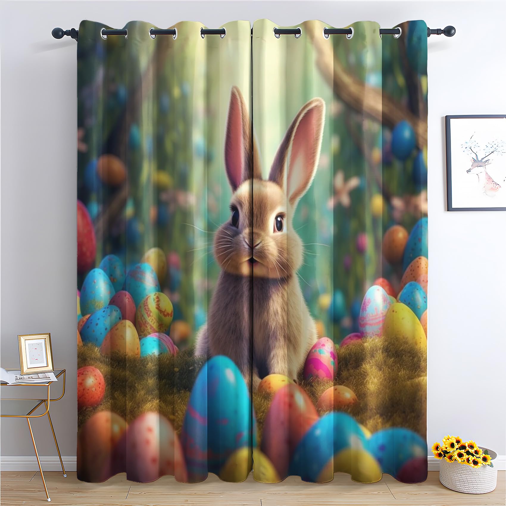Easter Curtains for Bedroom Living Room, Easter Bunny Blackout Curtains & Home Decor, Easter Eggs Window Curtains, Thermal Room Darkening Grommet