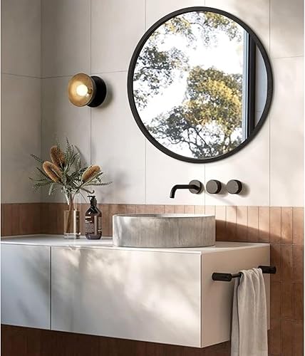 Miniatura 320 de JJUUYOU Espejo circular de pared redondo para baño, espejo de tocador gris, pequeño círculo decorativo para pared, marco de madera, espejo