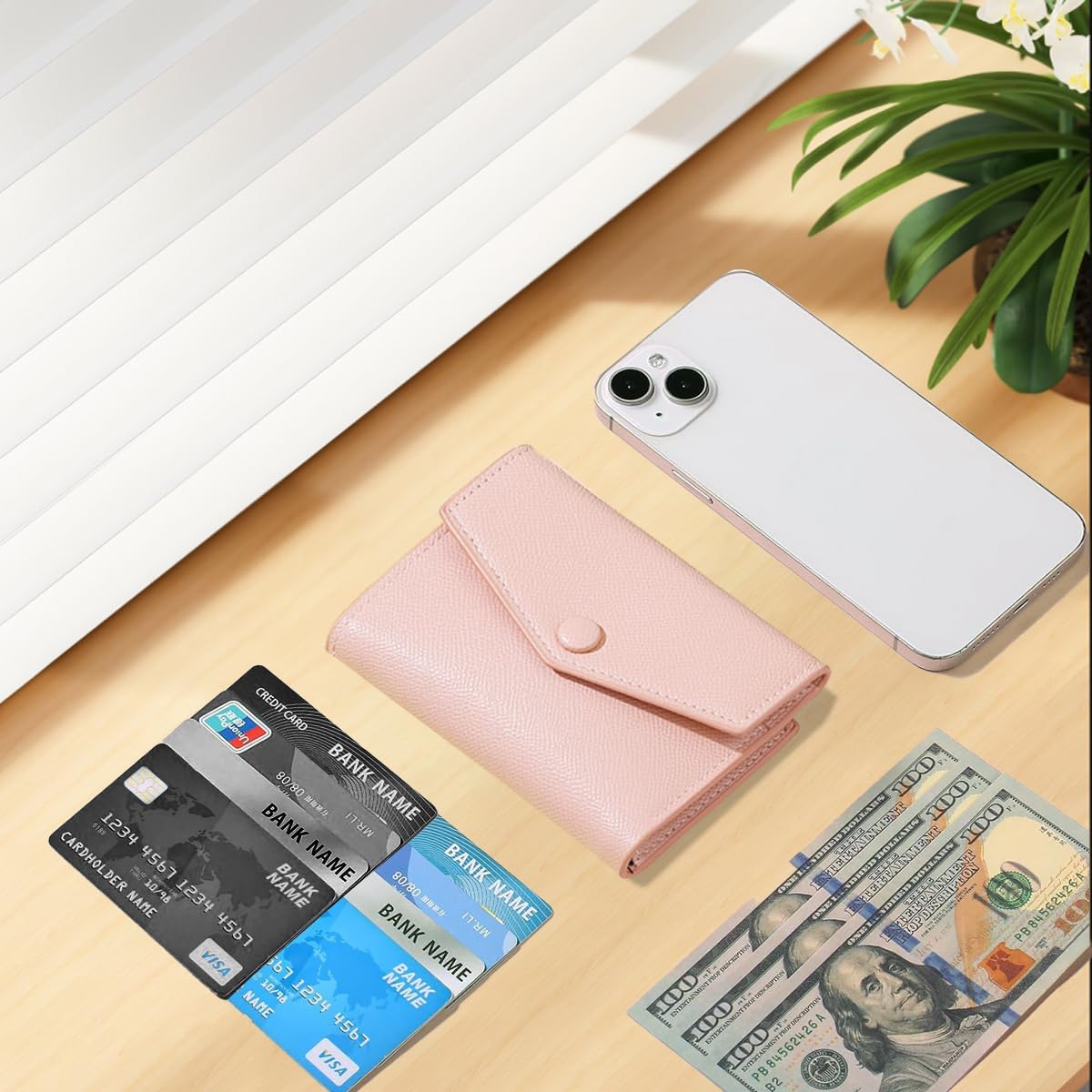 Small Genuine Leather Wallet for Women 10 Card Slots 1 ID Window 2 Coin Pockets Black (PINK)