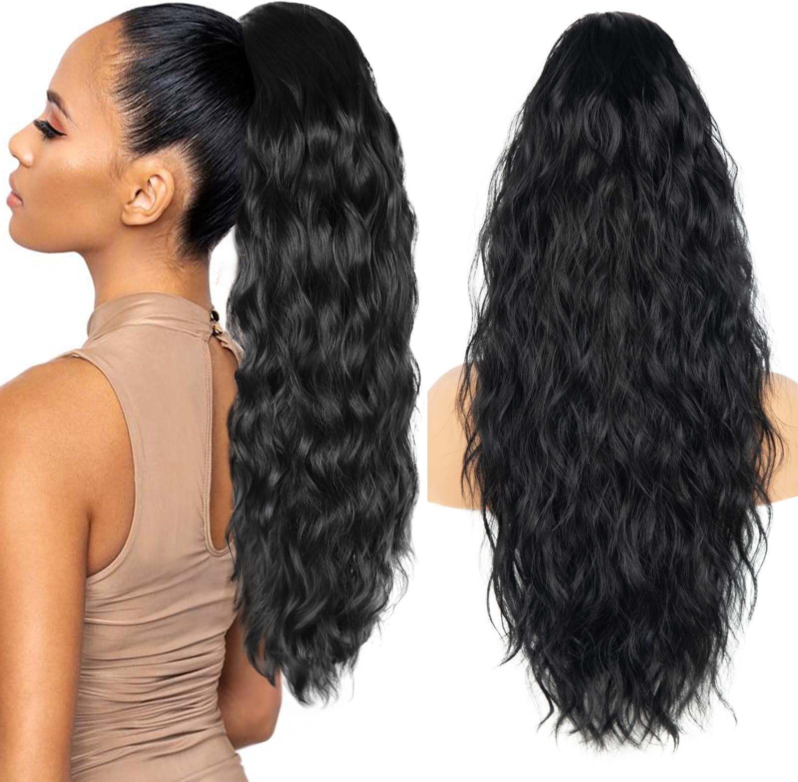 26 inch Black Ponytail Extension, Drawstring Ponytail for Women, Long Wavy Pony Tails Hair Extensions, Synthetic Hair Extensions Ponytail for Daily Use (Color: Black)