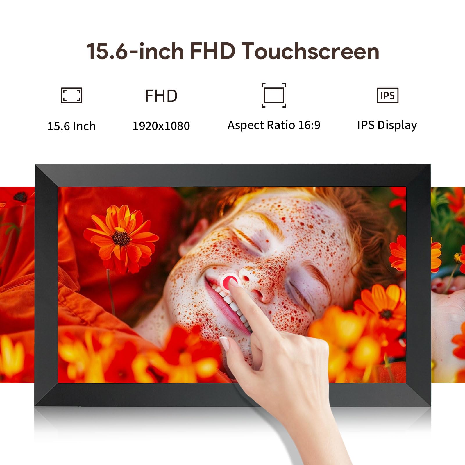 Frameo WLAN Digitaler Bilderrahmen 15,6 Zoll, 1920x1080 FHD IPS Touchscreen Smart Fotorahmen,Elektronischer Fotorahmen Groß mit 32GB,Automatische Drehung,Teilen von Bildern, Videos,Wandmontage Möglich