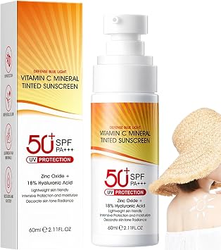 SPF 50 Mineral Sunscreen with Zinc Oxide & Vitamin C, Tinted Face & Body Sun Cream, Broad Spectrum UVA/UVB Protection, Lightweight Non-Greasy for Outdoor, Beach & Daily Use