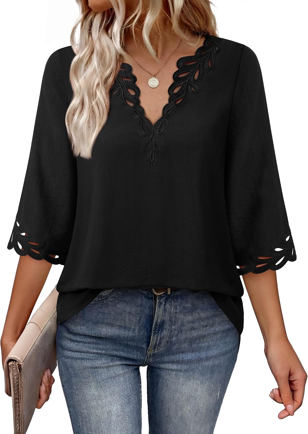 Lotusmile Womens Pretty Bohemian Eyelet Embroidery Blouses V Neck 3/4 Sleeve Casual Loose Fit Boho Summer Tops