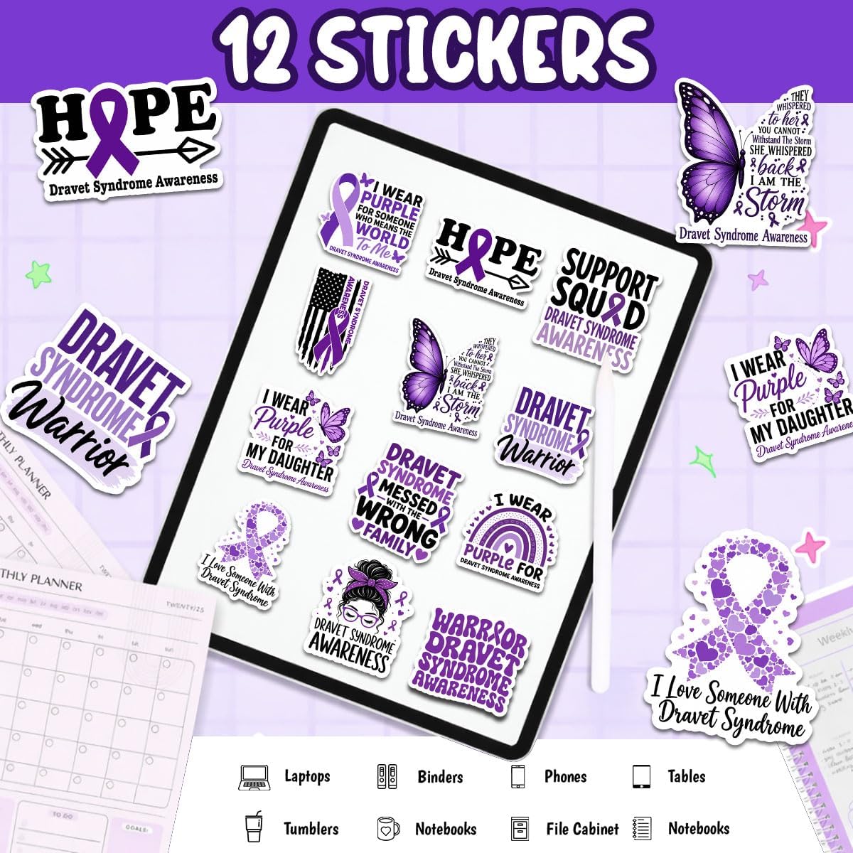 (12pcs-3in) Dravet Syndrome Sticker Stickers Purple Ribbon Warrior Gift Set image 4