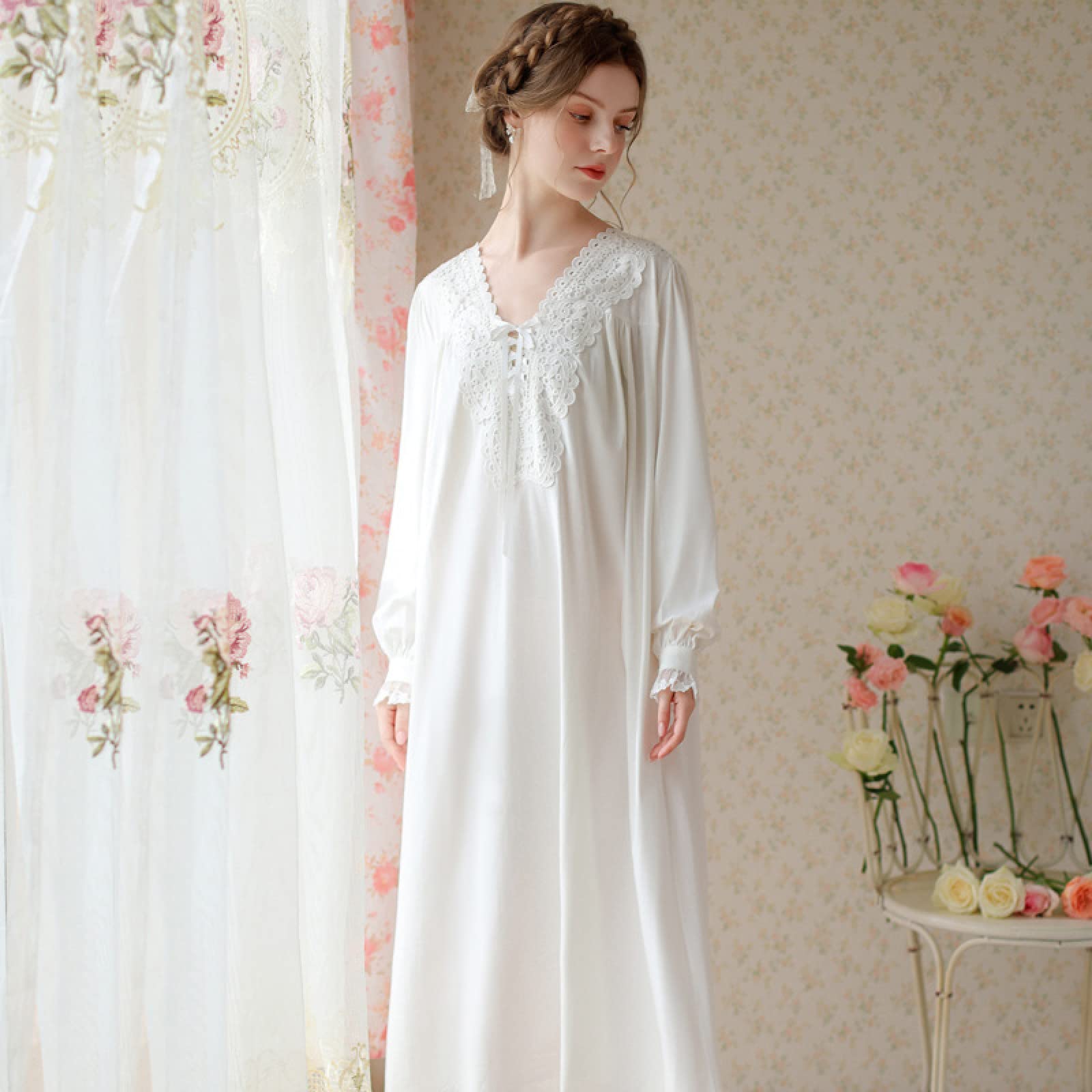 OFFSUM Camicia da Notte Donna - Elegante Palace Style Retro Solid Color Cotone Princess Pigiameria Lingerie Casual Camicia da Notte con Scollo A V Pizzo Camicia da Notte