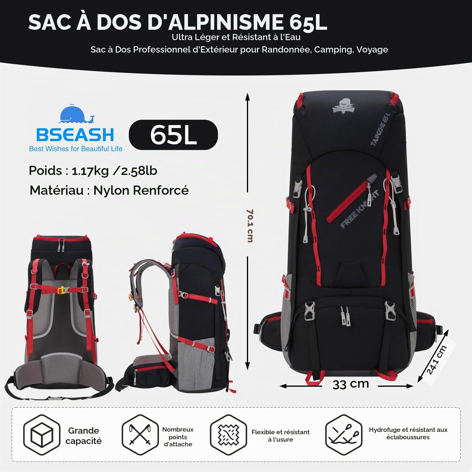 Bseash Sac à dos imperméable de 65 L avec housse de pluie, sac à dos de voyage pour escalade et randonnée