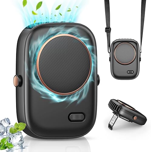 Veeool Ventilador de cuello portátil, mini ventilador de cintura colgante con cordón ajustable y soporte, ventilador de collar de 2500 mAh,