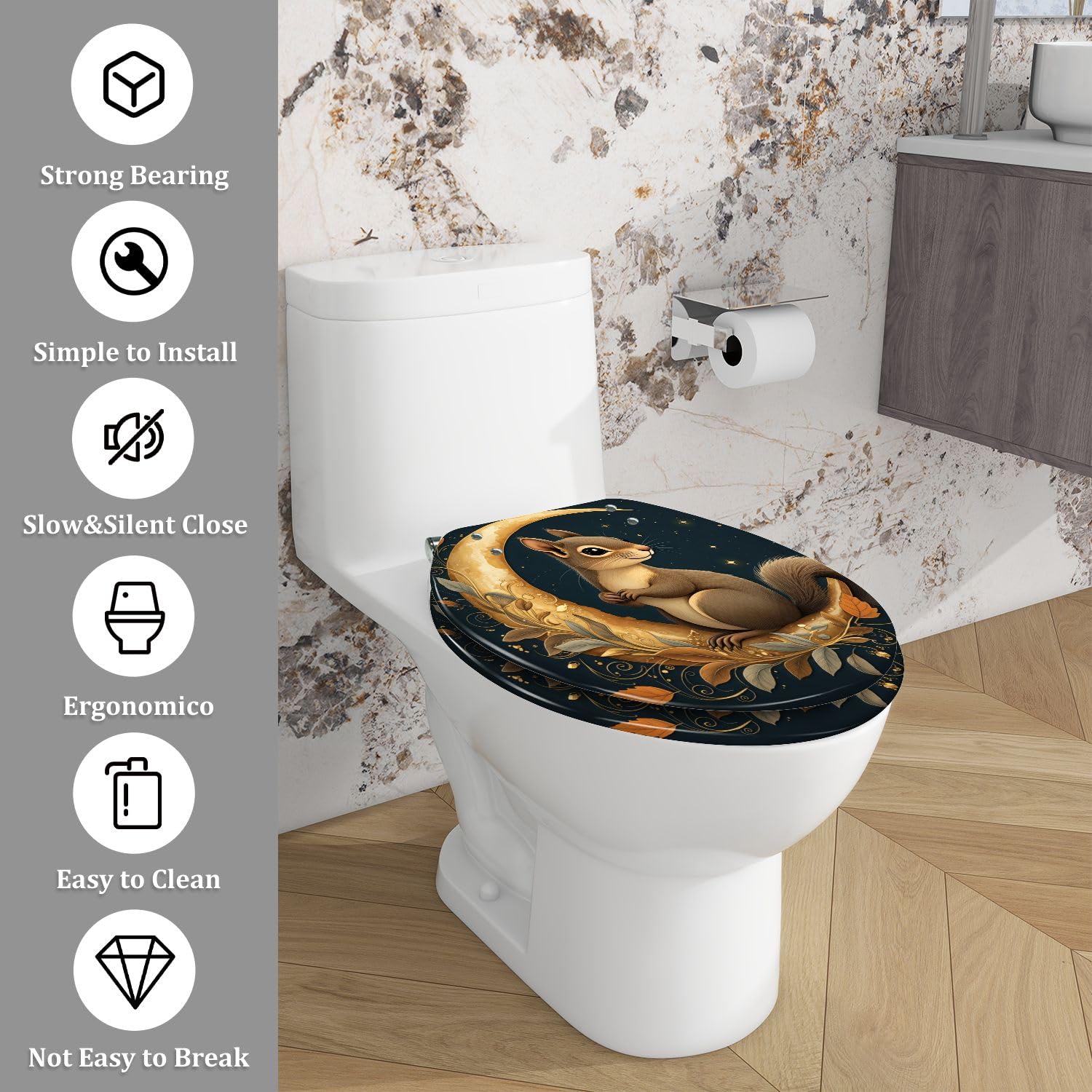 Asiento de inodoro alargado de resina para baño.