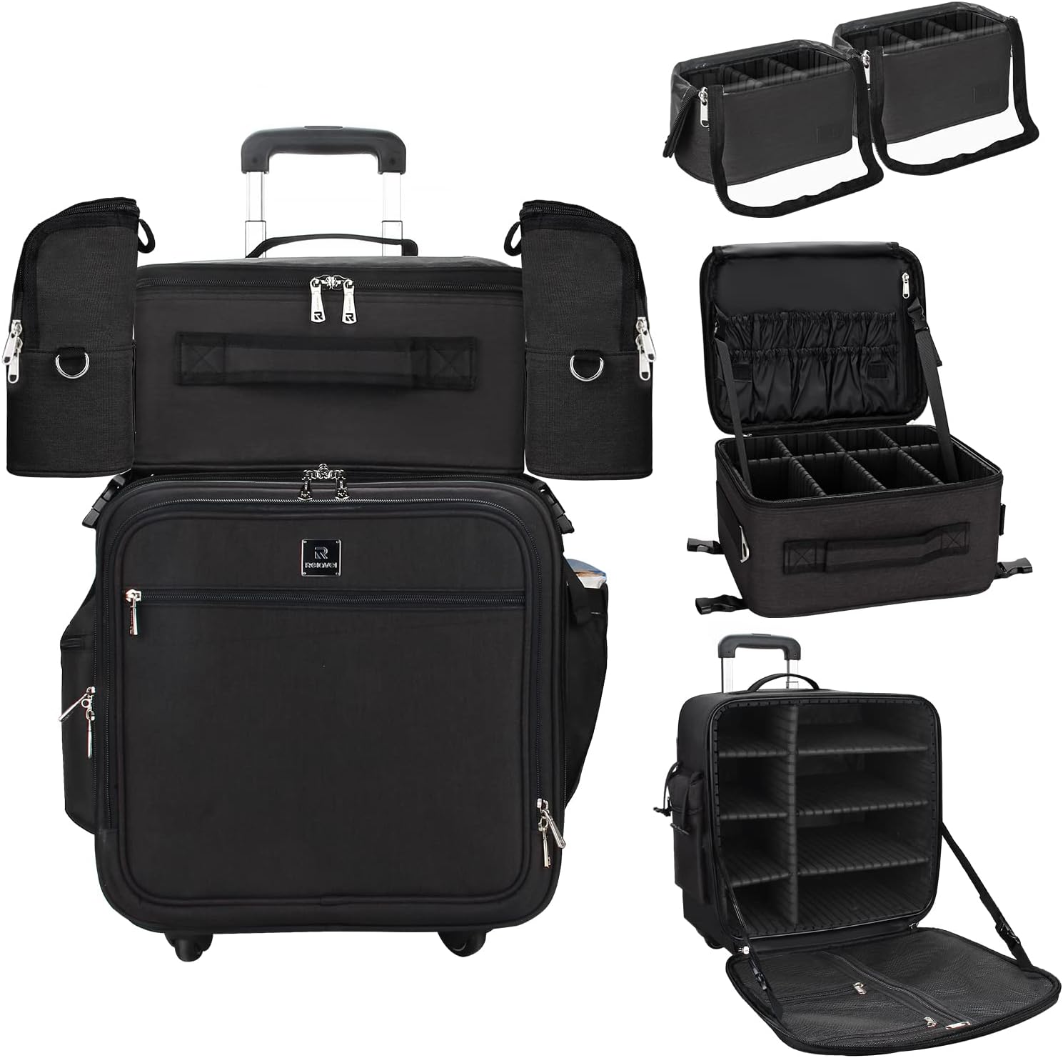 Relavel Rolling Makeup Case Professional Makeup Train Case Makeup Artist Travel Organizer 4 in 1 with Detachable Cosmetic Case and Dual Makeup Brush Case and Wheels (Black, 4-Pack)