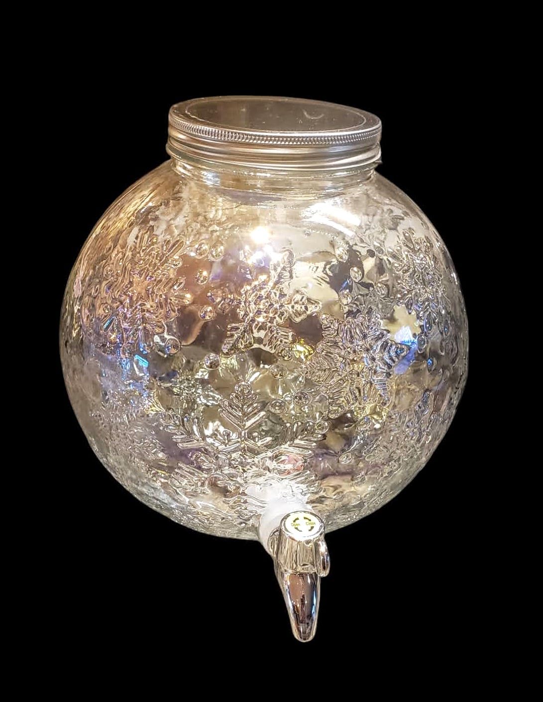 Clear Glass Christmas Winter Snowflake Ornament 1.5 Gallon Beverage Dispenser With Steel Lid and Chrome Plastic Spout 10