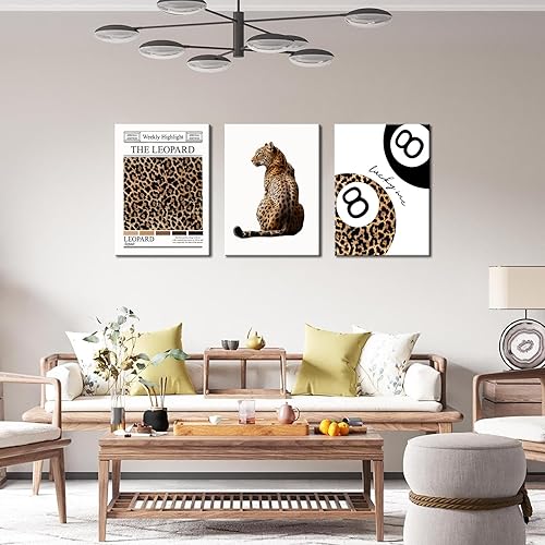 Miniatura 7 de Juego de 3 pósteres de lienzo de leopardo de moda con 8 bolas de la suerte, impresiones estéticas de guepardo para decoración de pared de habitación