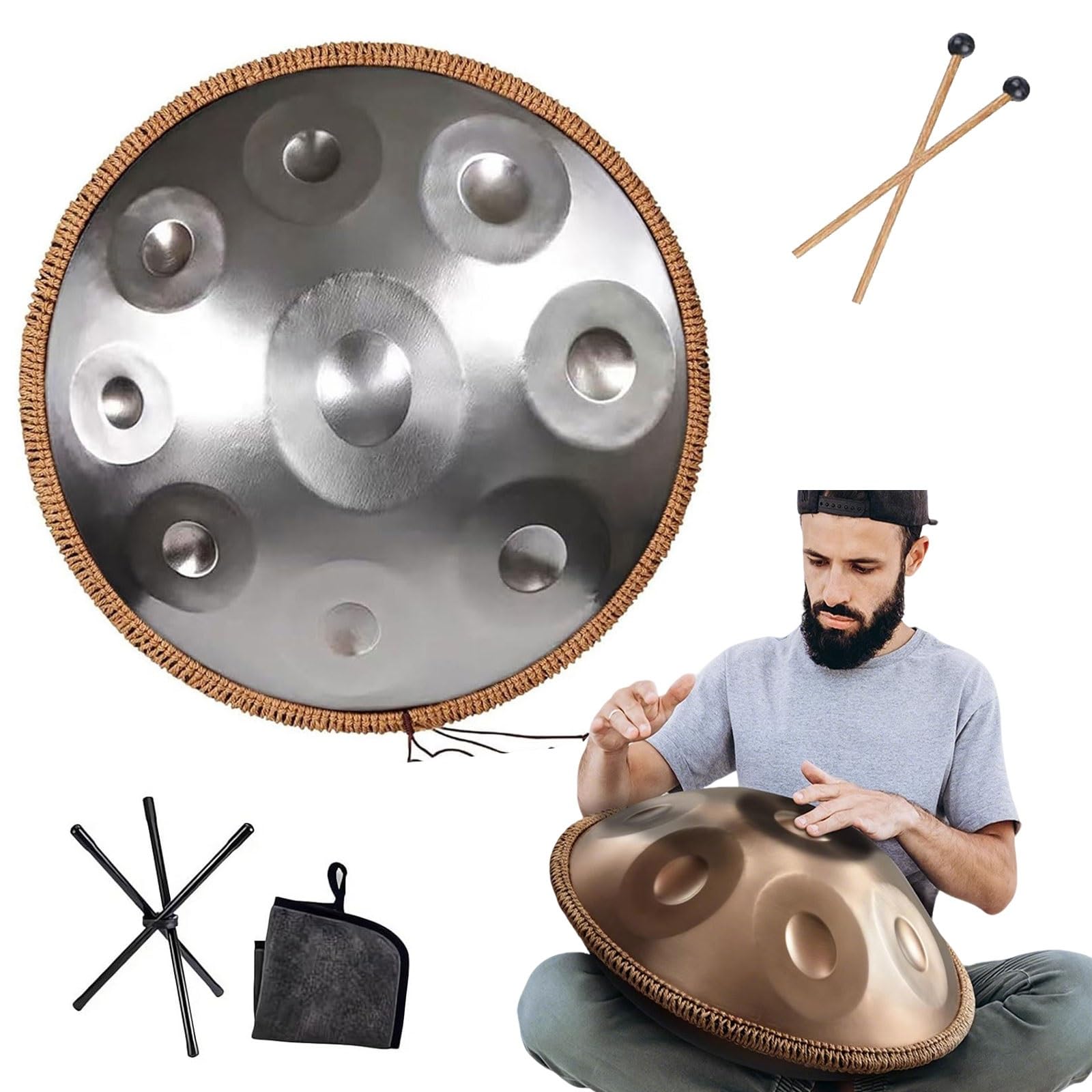 Tambour Handpan En Acier 440 Hz avec sac à main souple, 2 maillets, support, 22 Pouces Tambour À Main, instrument de percussion pour La Méditation, Le Yoga 9/10/12 Notes(Silver,12 Notes)