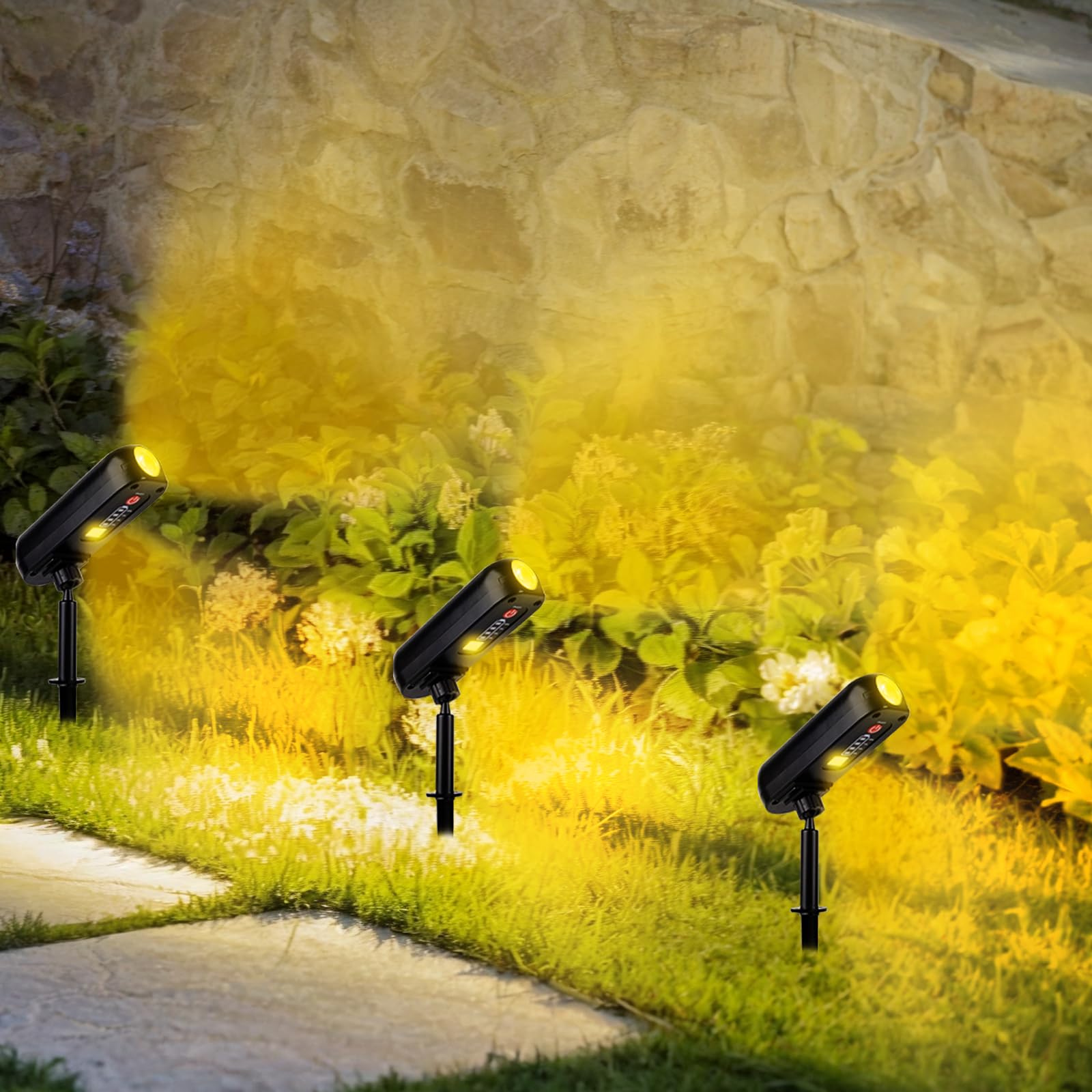 T-SUN 4 Piezas Luces Solares, 3000K Foco Solar Exterior, Luz Solar Exterior Impermeable IP65, ángulo de 360° Ajustable, Lámparas Solares para Patio, Caminos, Suelo, Piscina, Césped