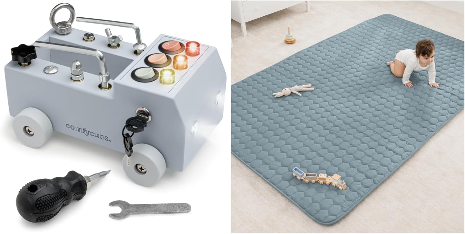 Comfy Cubs Busy Board Toy Truck Set and Rectangle Kids Play Mat Bundled