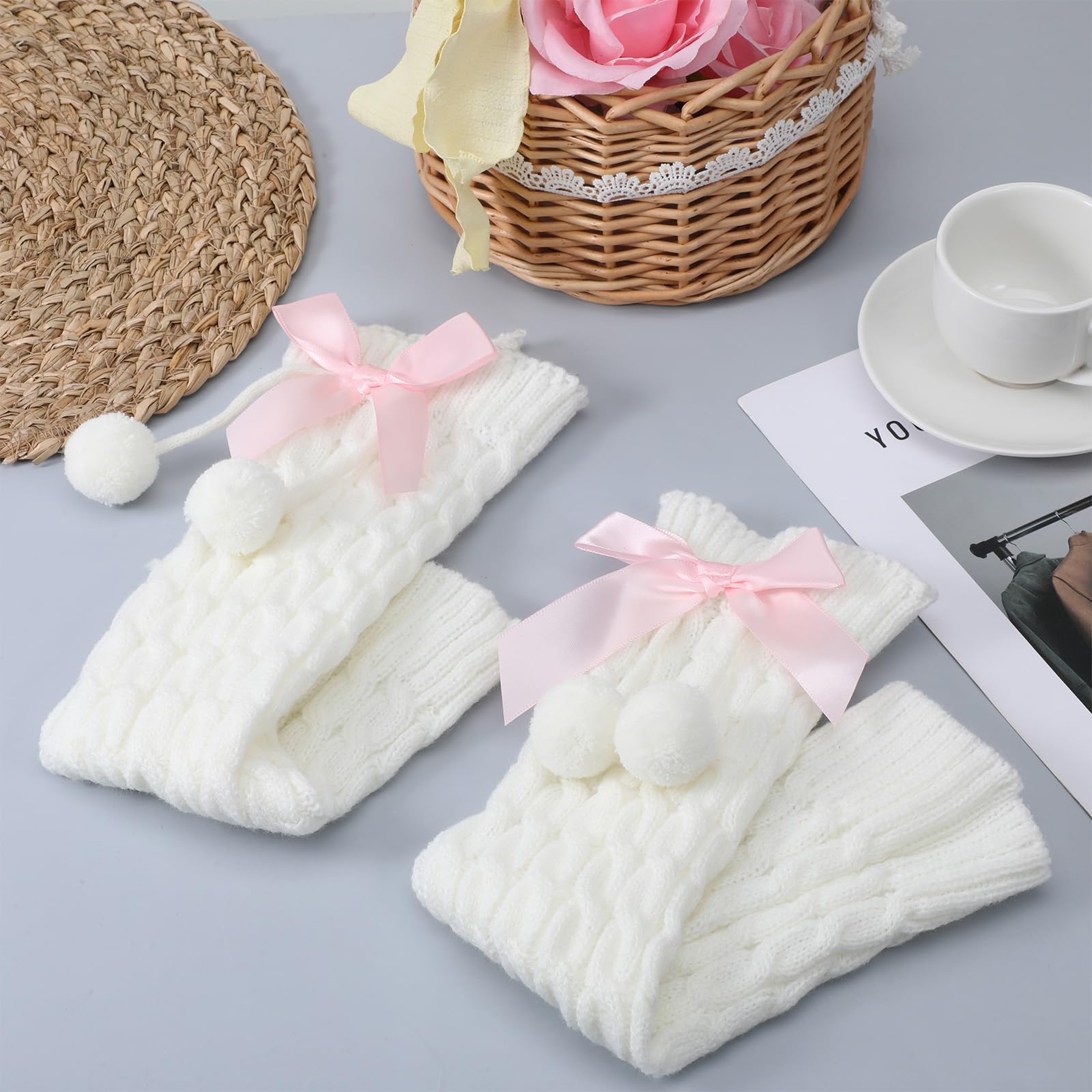 Leg Warmers z kokardką, długie ocieplacze na nogi dla kobiet, Y2K Harajuku, japoński wzór warkocza, sięgające kolan, białe ocieplacze na nogi Kawaii, nakładki na buty dla kobiet, do kostiumu