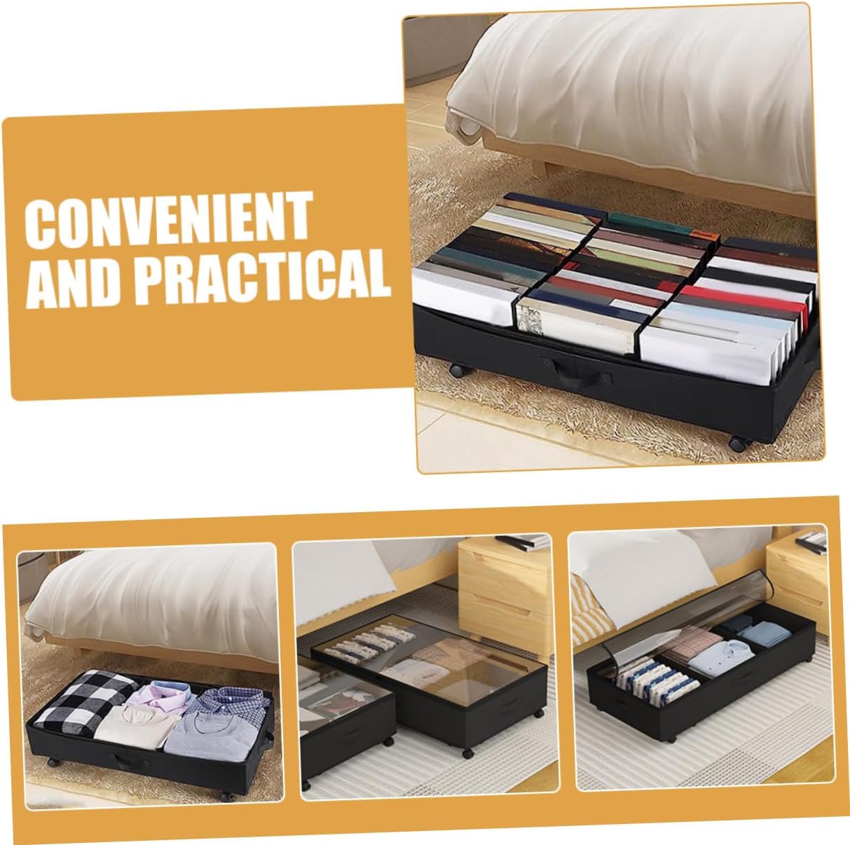 Sewroro Bed Storage Container with Wheels 3-grid Oxford Cloth Multipurpose Storage Case Zippered Dustproof Organizer for Clothes Quilts Bedroom