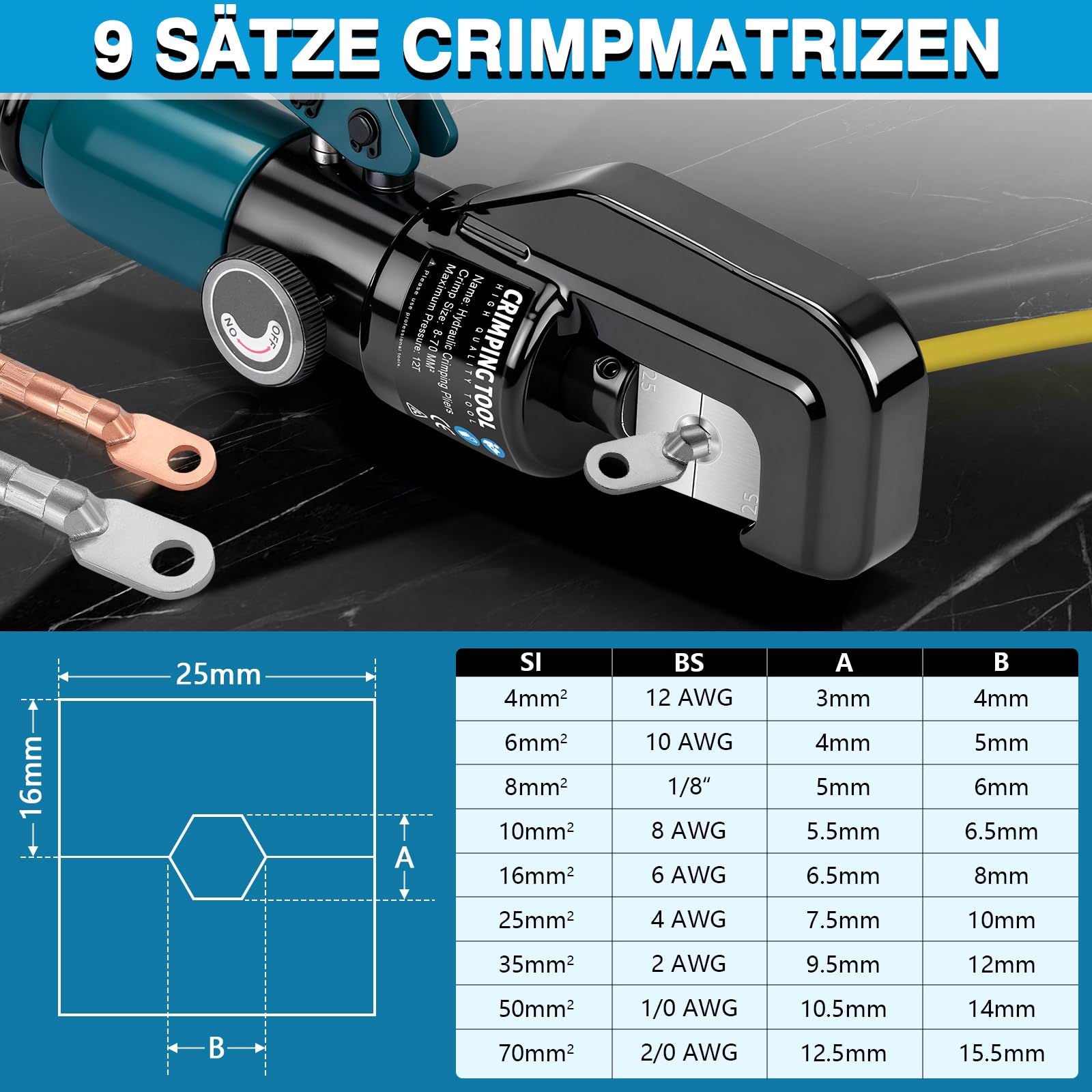Crimpadora hidráulica con tijeras para cables, 9 juegos de moldes de crimpado 4-70 mm² para trabajos de cables, reparación de coches, barandillas de malla de alambre, color azul