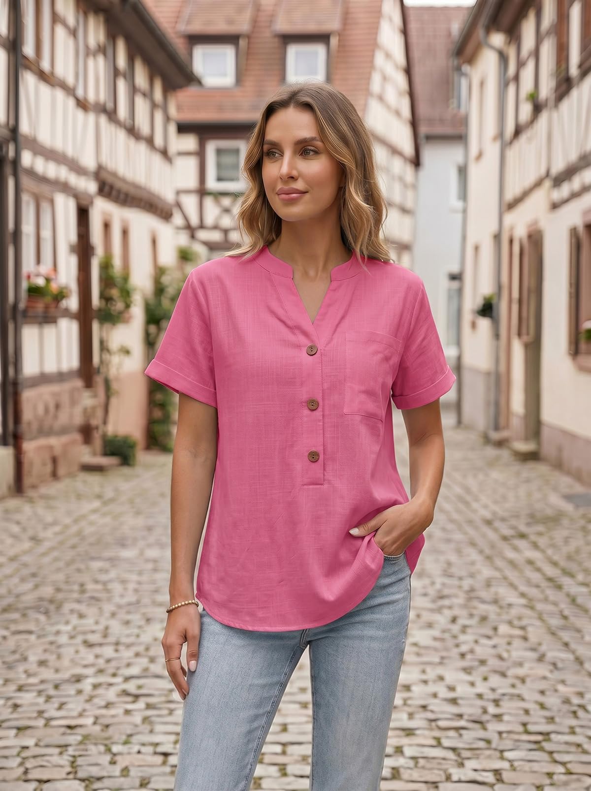 YUTILA Camicia da donna a maniche corte in lino Henley Estate con tasche sul petto
