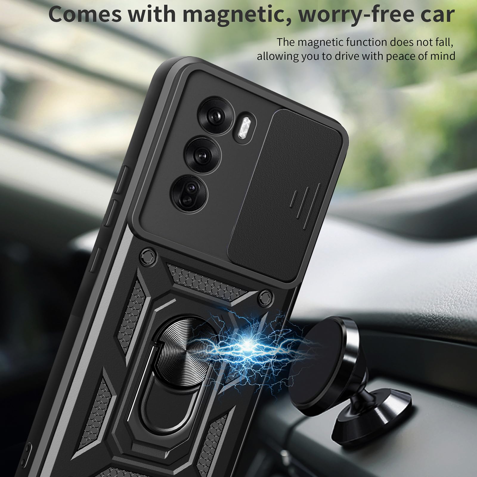 Cover Per Oppo Reno 12 5G Con Protezione Fotocamera Scorrevole E Supporto Anello Metallico – Grado Militare – Nero - 3