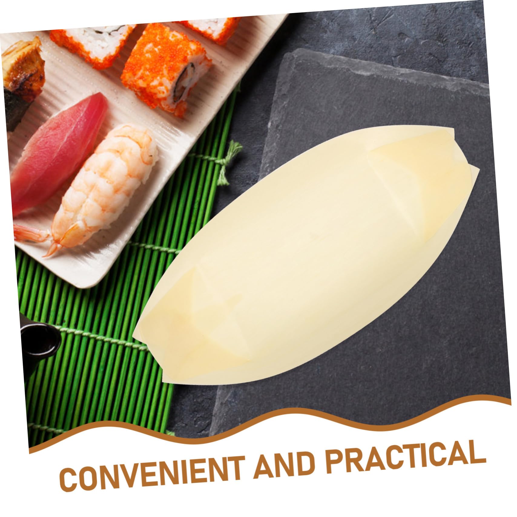 PHENOFICE 50pcs Wooden Sushi Boat Plates Natural Disposable Serving Trays for Sashimi Appetizers Charcuterie Cones for Events and Parties