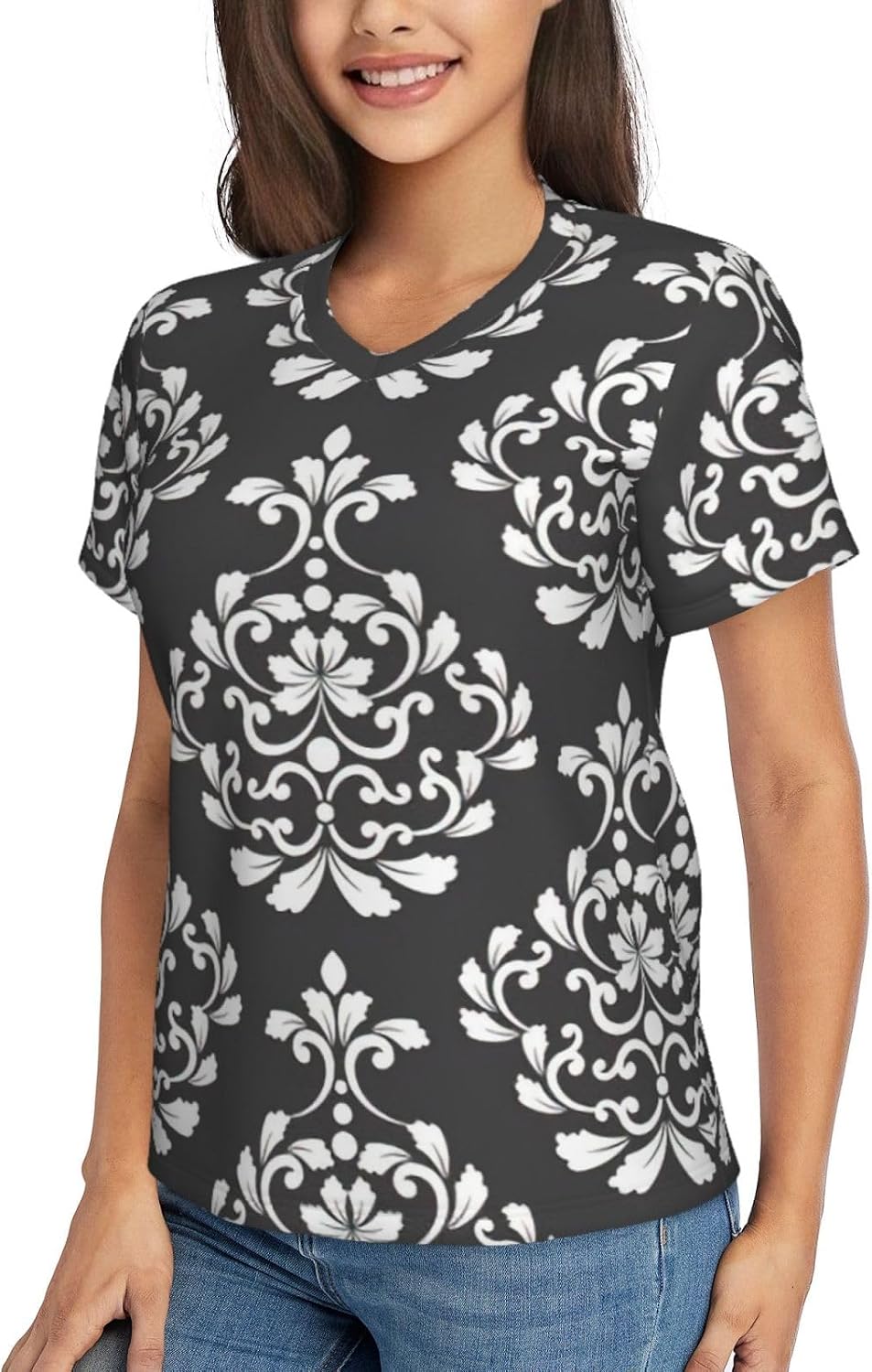 Women Casual Damask Pattern Print V-Neck T-Shirt Short Sleeve Summer Trendy Tops.