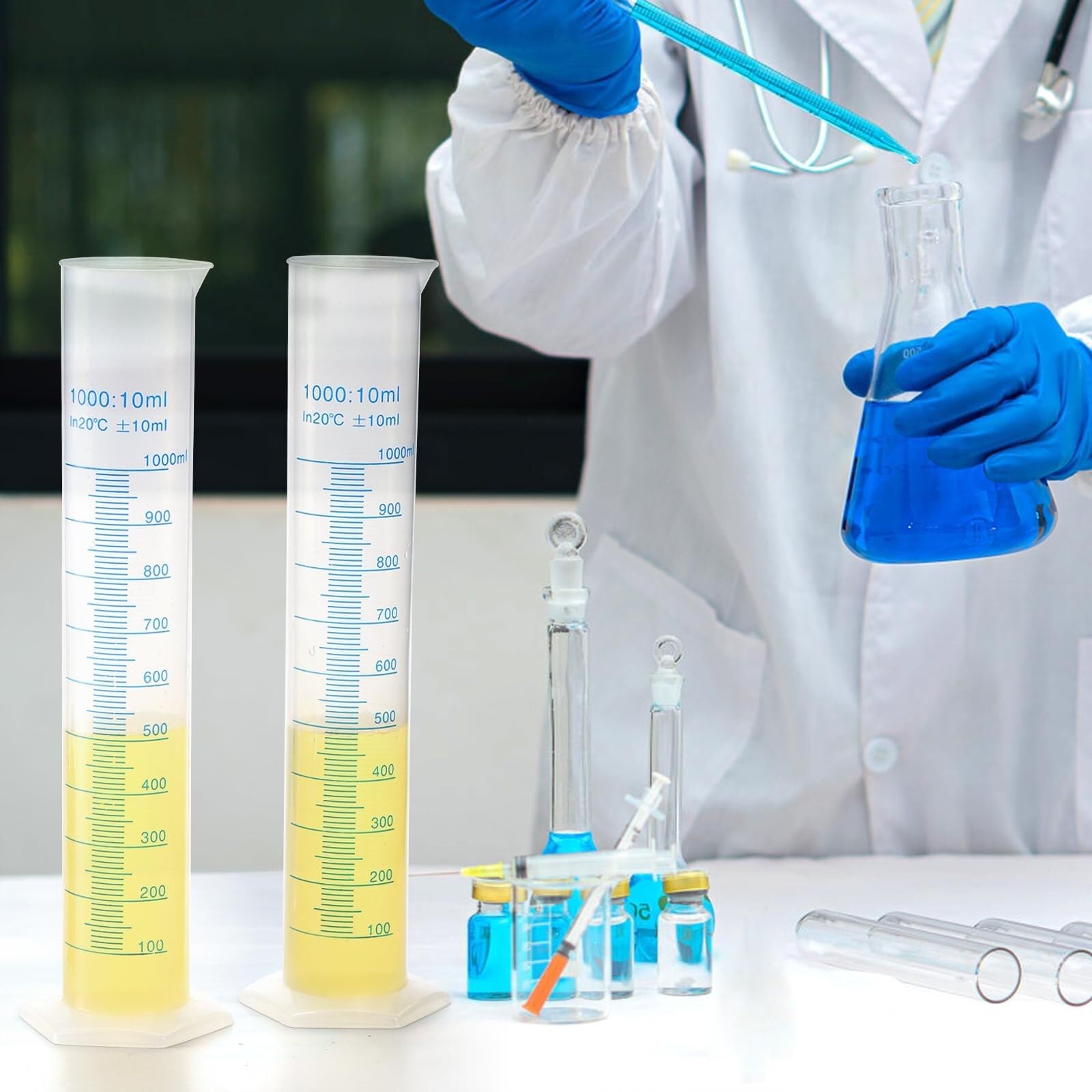 Set 4 Cilindri Graduati In Plastica Da 1000 Ml Con Base Stabile, Cilindro Graduato In Plastica A Doppia Scala, Cilindro Trasparente Per Progetti Scientifici, Forniture Per Laboratorio