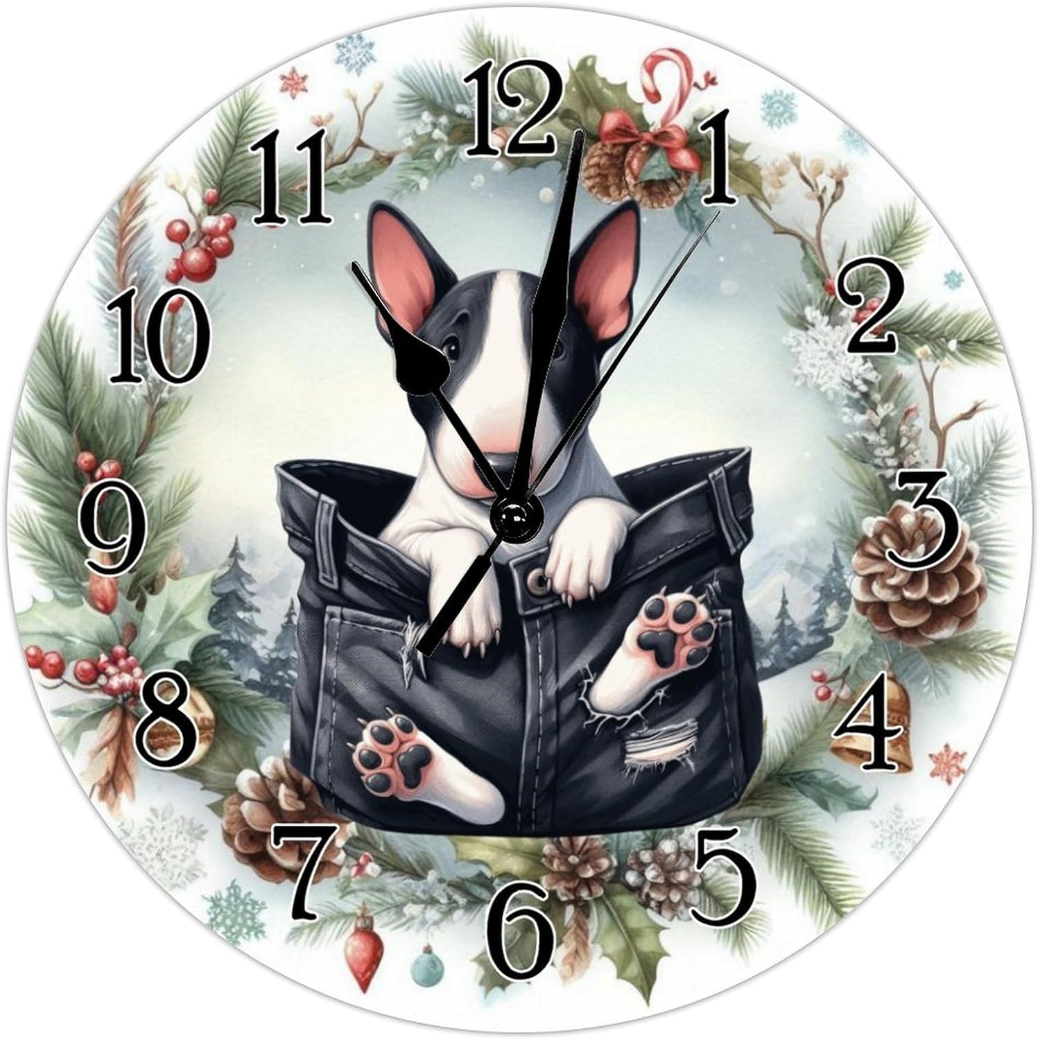 Clock Bull Terrier Wooden Clock Bull Terrier Funny Pocket Peeking Dog Wood Wall Clocks Non-Ticking Battery Operated Round Clock Pet Owner Gift Clocks for Living Room 15x15in
