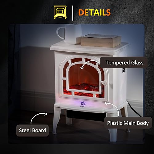 Miniatura 6 de HOMCOM Estufa eléctrica de chimenea de 18 pulgadas, calentador de chimenea independiente con llama LED realista, temperatura ajustable, protección