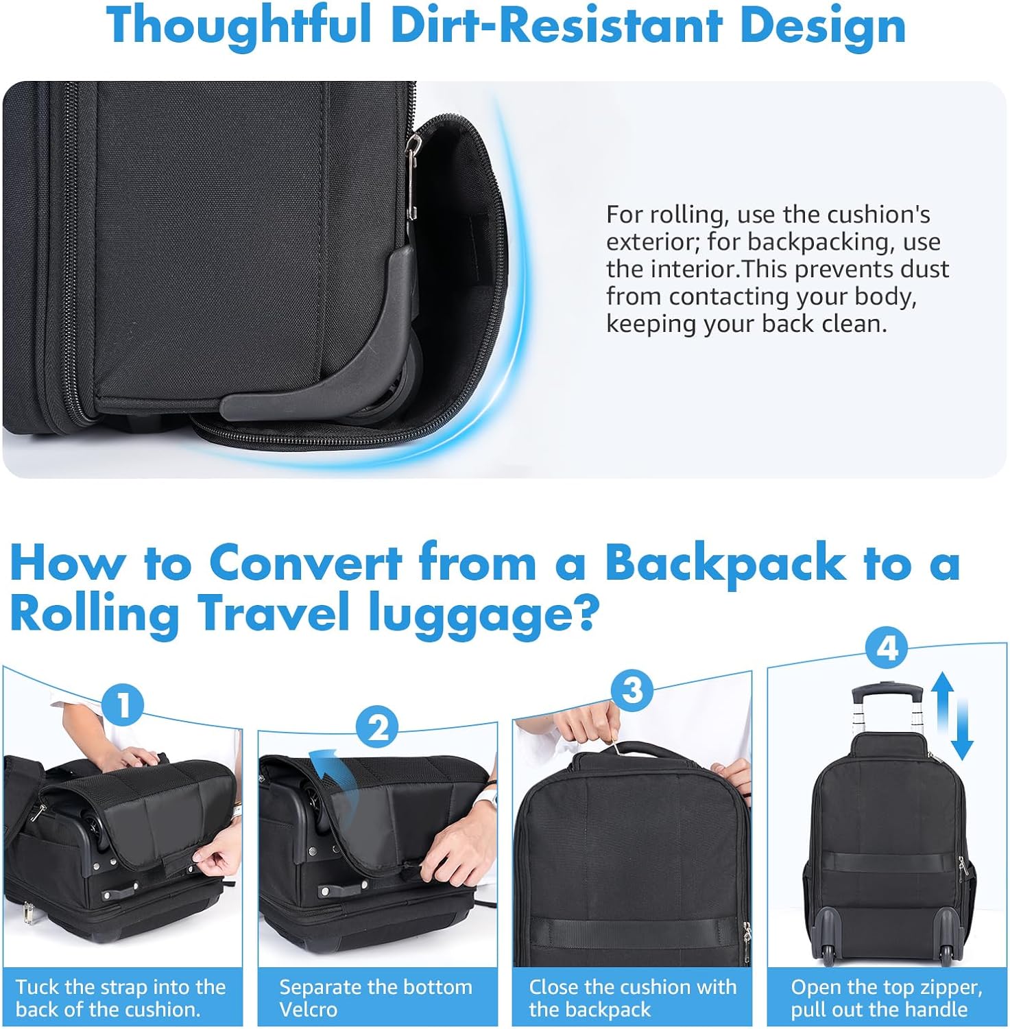 Rolling Backpack, 17.7inch Rolling Backpack With Wheels for Adults, Roller Carry On Luggage Wheeled Backpack, Rolling Laptop Backpack for Men Women to Travel Business, Black - Image 5