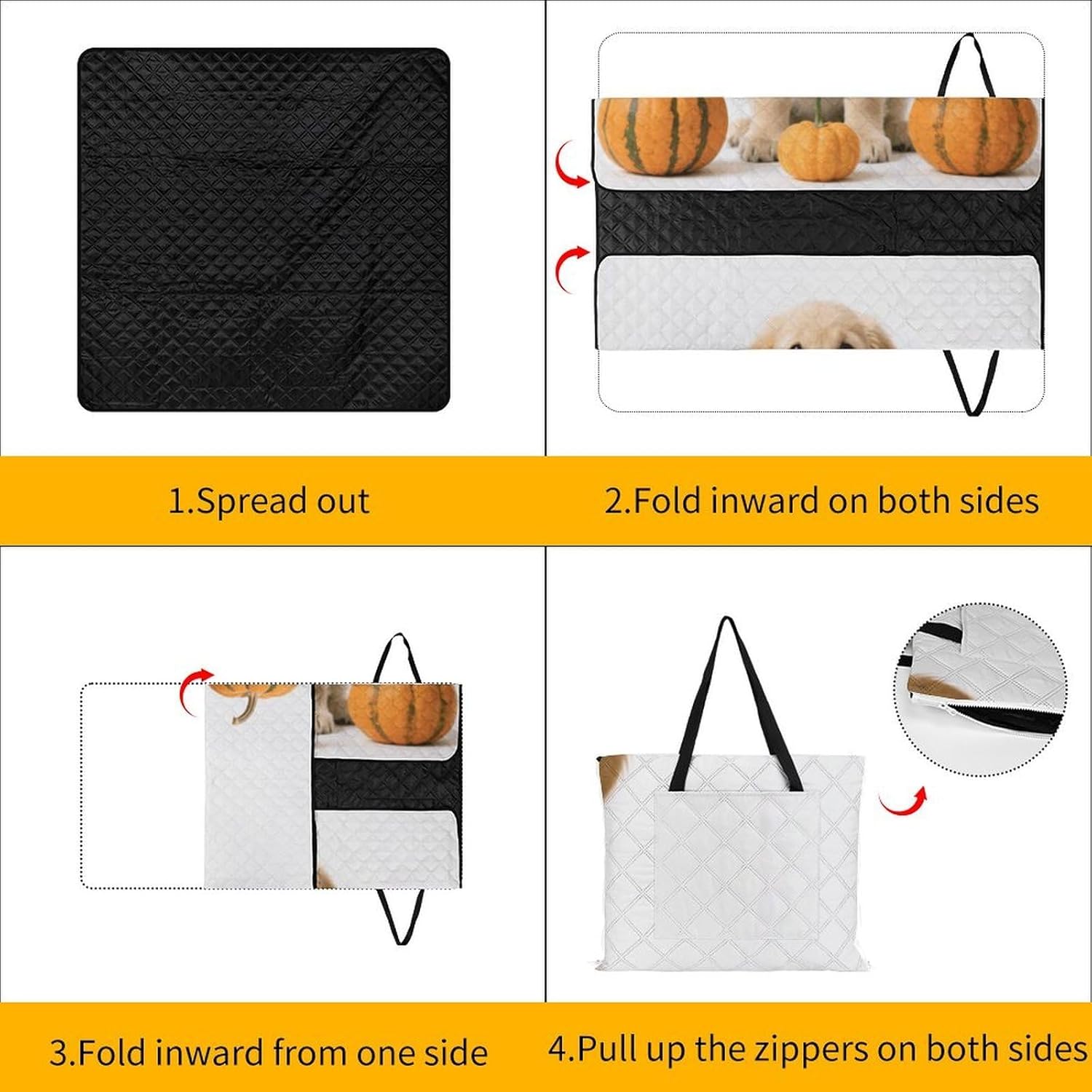 Pumpkin Dog Picnic Blanket 150x150cm, Foldable 2-in-1 Picnic Mat and Tote Bag Portable Waterproof Beach Mat Sandproof Outdoor Blanket for Park, Hiking, Beach, Camping, Travel