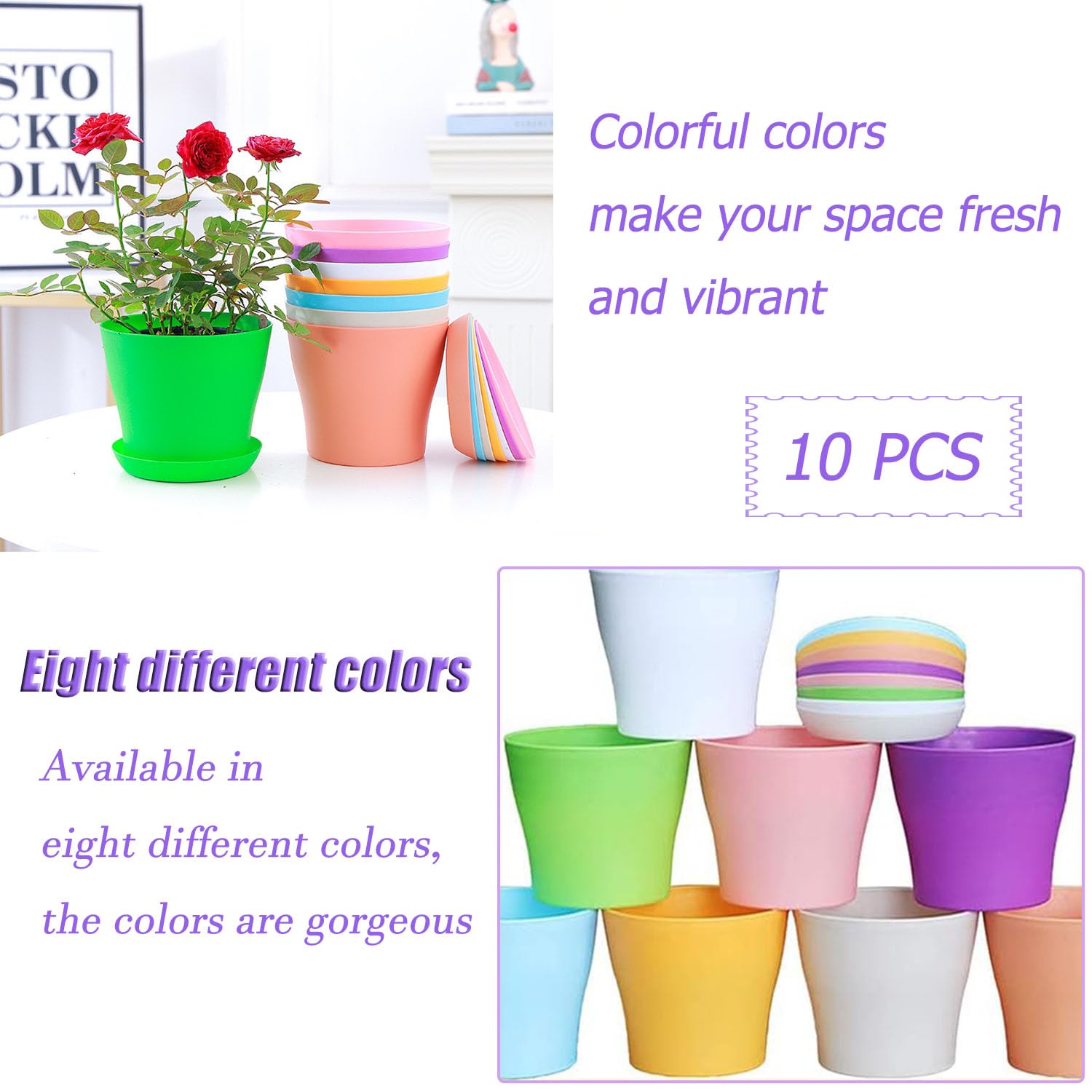 10 Pcs Plastic Planters Pots, 8 Colours Mini Flower Seedlings Pots with Drainage Hole and Saucer - Image 4